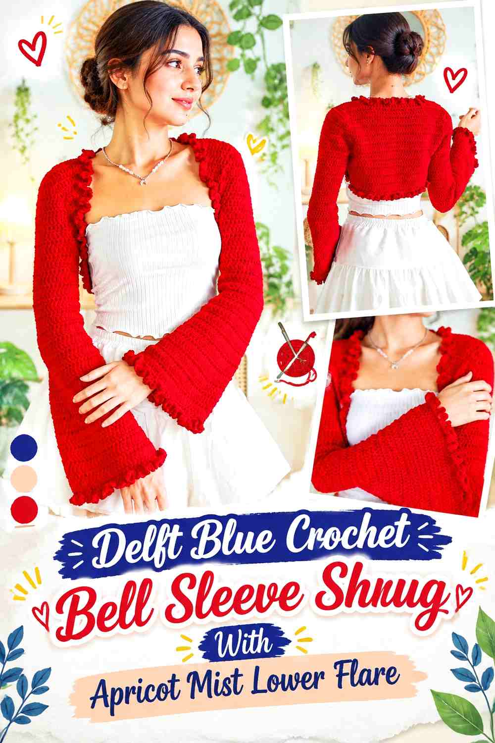 Delft Blue Crochet Bell Sleeve Shrug With Apricot Mist Lower Flare