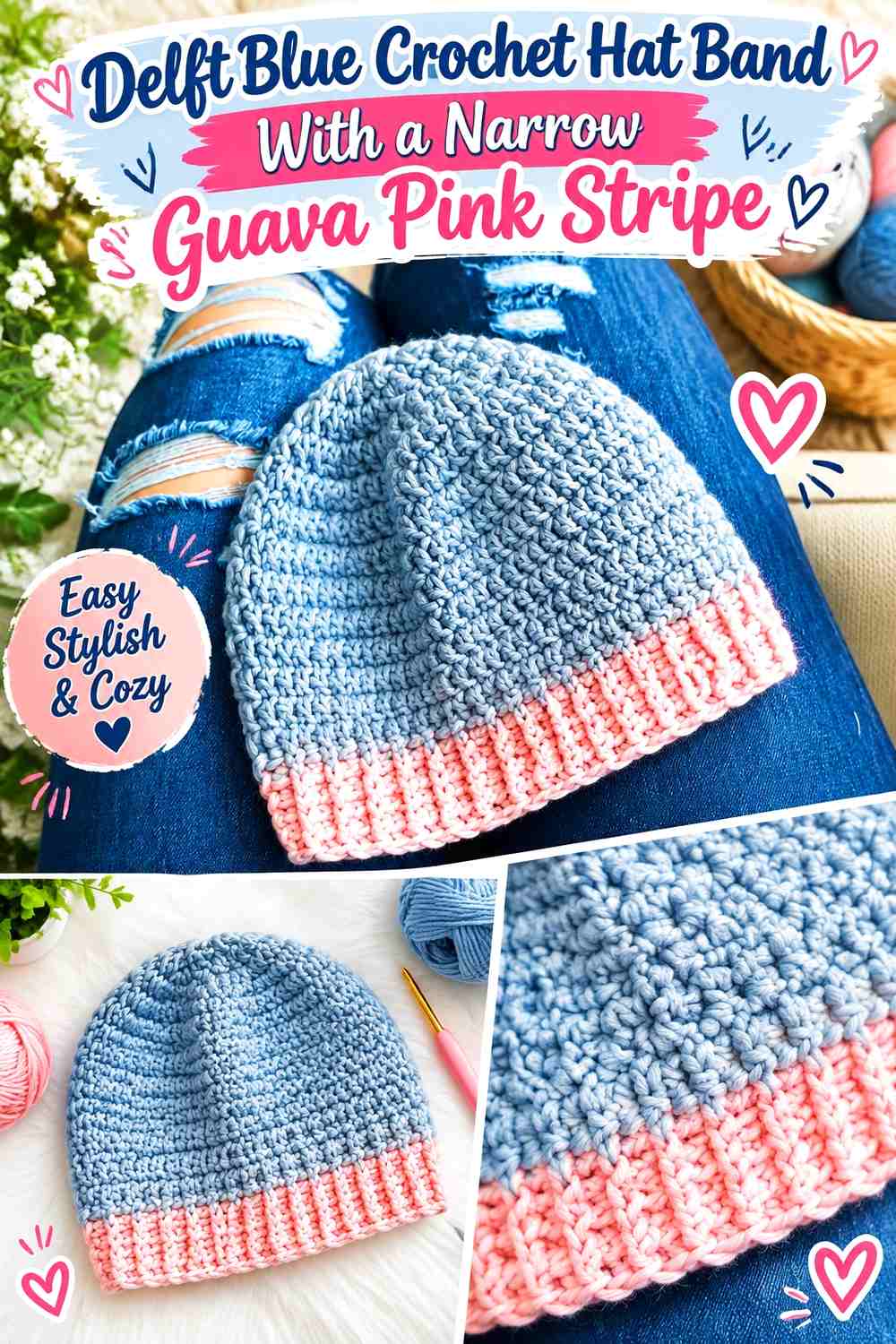 Delft Blue Crochet Hat Band With a Narrow Guava Pink Stripe