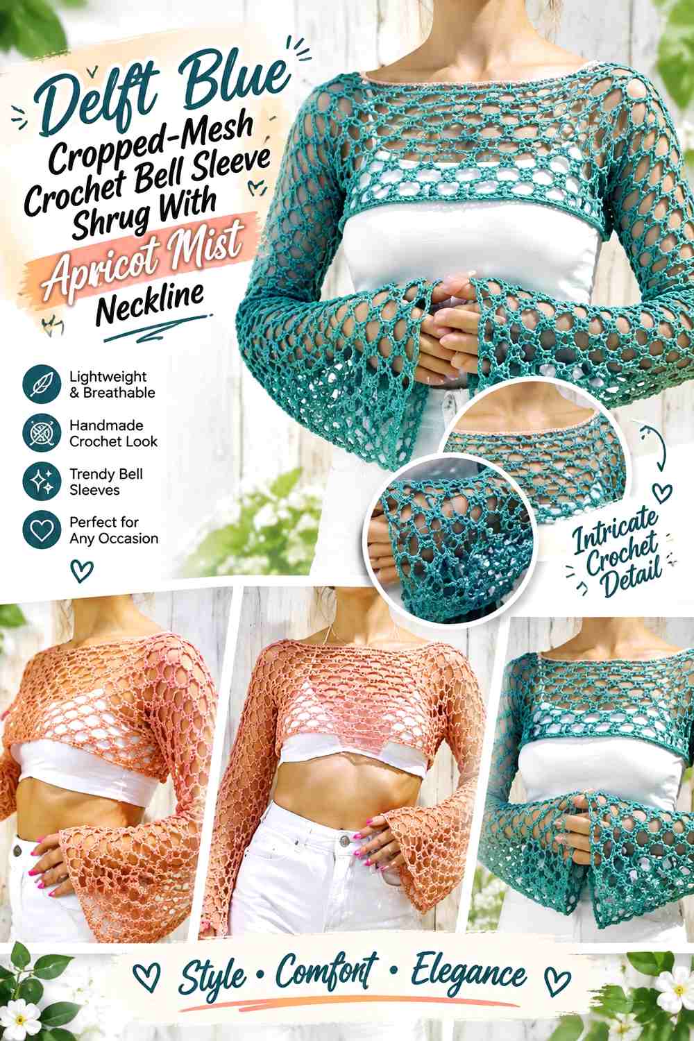 Delft Blue Cropped-Mesh Crochet Bell Sleeve Shrug With Apricot Mist Neckline