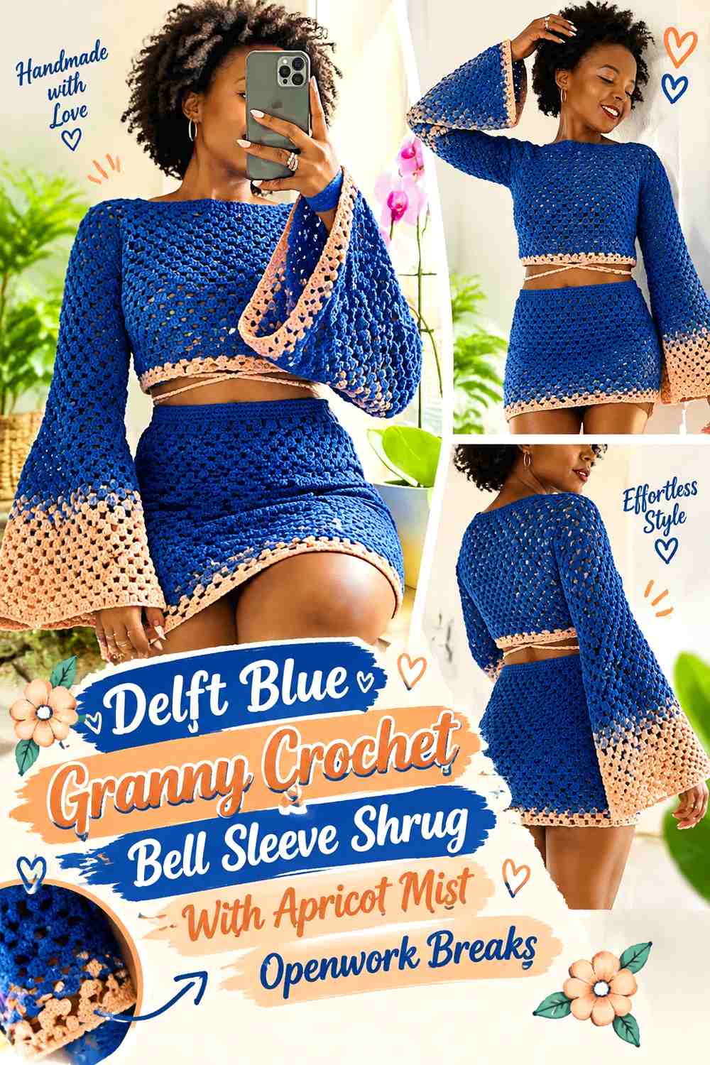 Delft Blue Granny Crochet Bell Sleeve Shrug With Apricot Mist Openwork Breaks