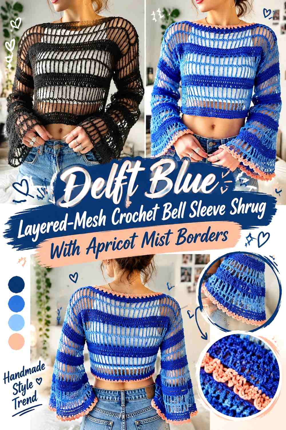 Delft Blue Layered-Mesh Crochet Bell Sleeve Shrug With Apricot Mist Borders
