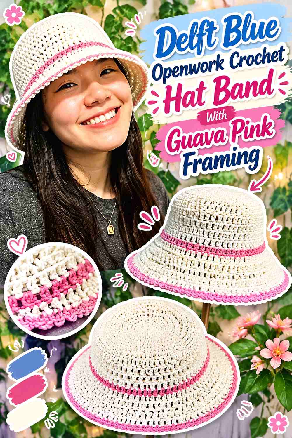 Delft Blue Openwork Crochet Hat Band With Guava Pink Framing