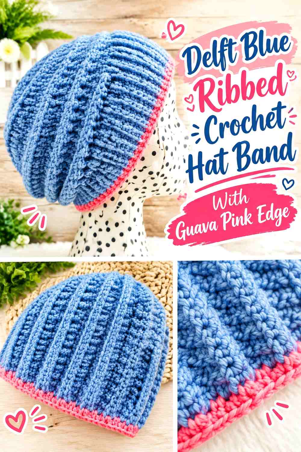 Delft Blue Ribbed Crochet Hat Band With Guava Pink Edge