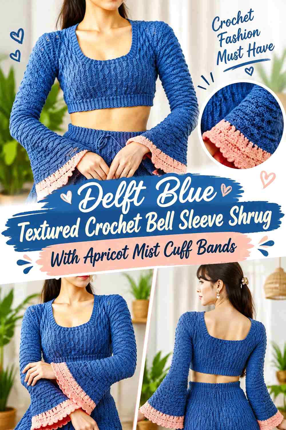 Delft Blue Textured Crochet Bell Sleeve Shrug With Apricot Mist Cuff Bands