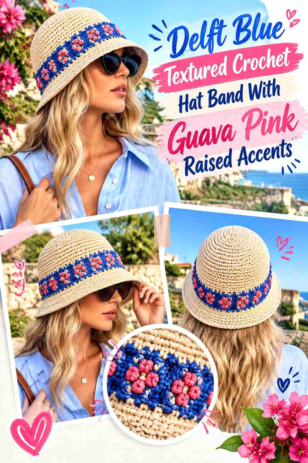 Delft Blue Textured Crochet Hat Band With Guava Pink Raised Accents