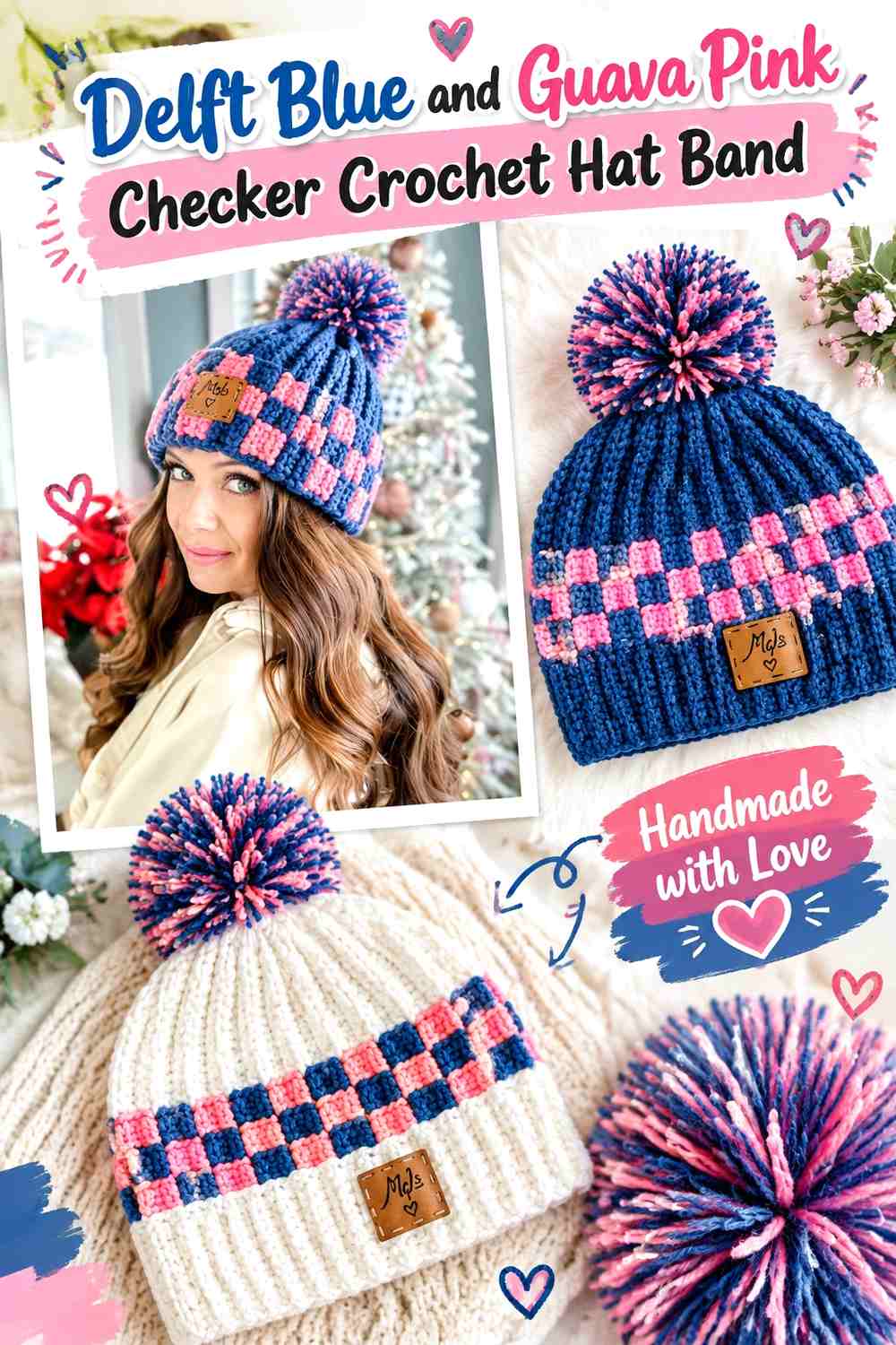 Delft Blue and Guava Pink Checker Crochet Hat Band