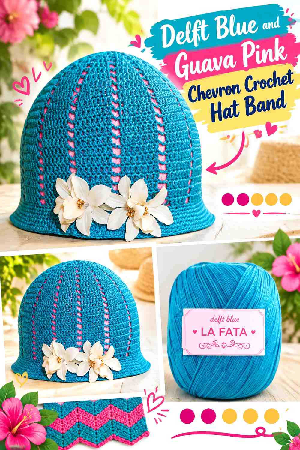 Delft Blue and Guava Pink Chevron Crochet Hat Band
