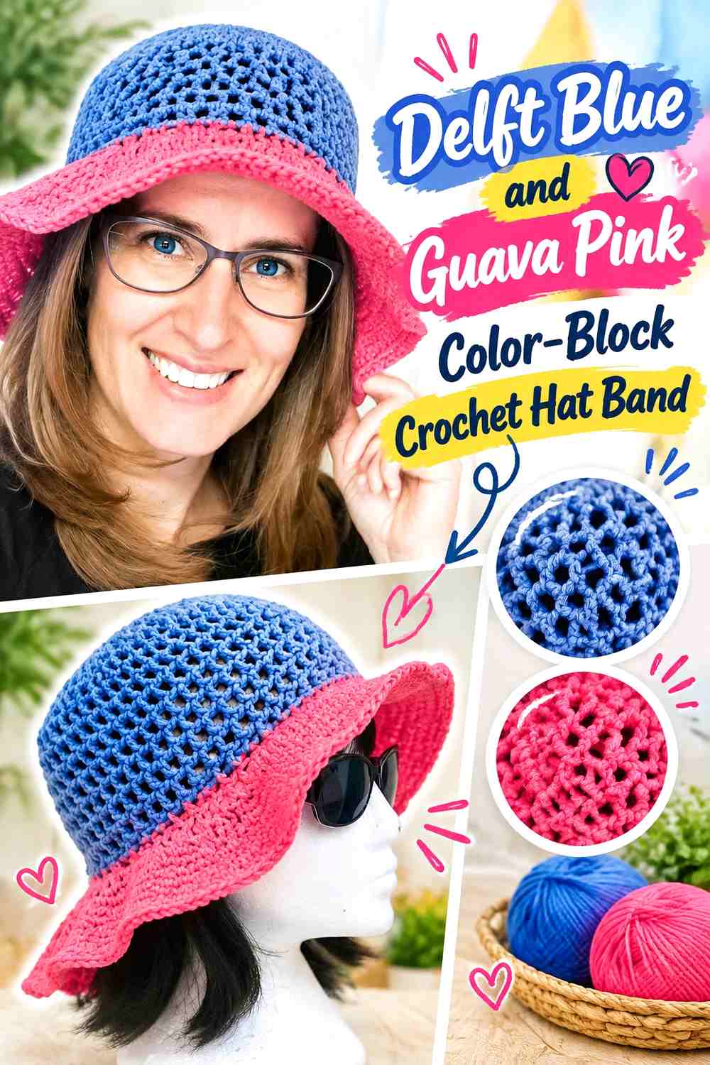 Delft Blue and Guava Pink Color Block Crochet Hat Band