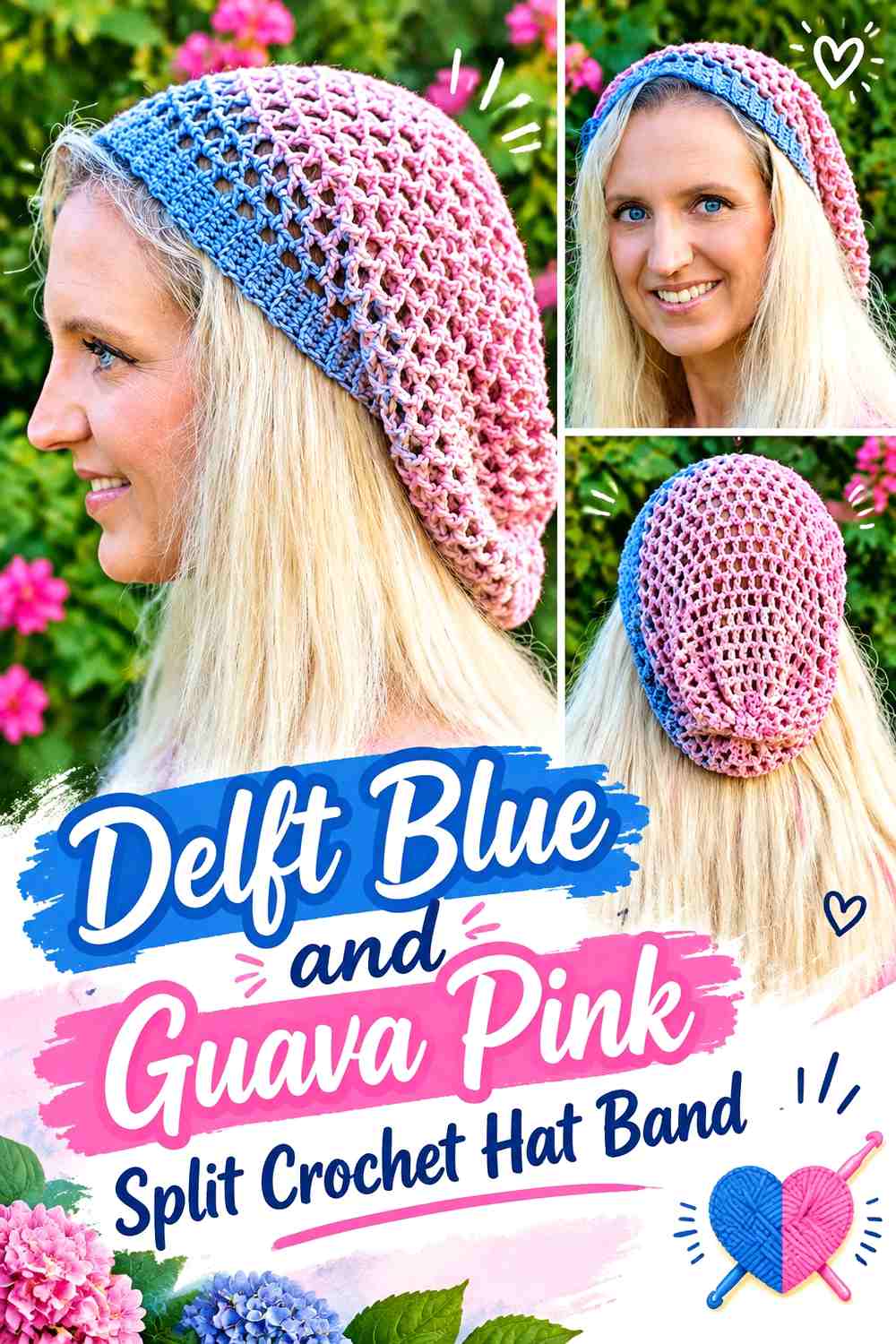 Delft Blue and Guava Pink Split Crochet Hat Band