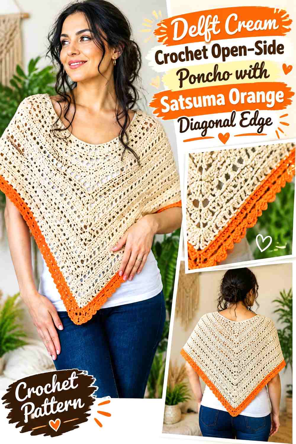 Delft Cream Crochet Open-Side Poncho with Satsuma Orange Diagonal Edge