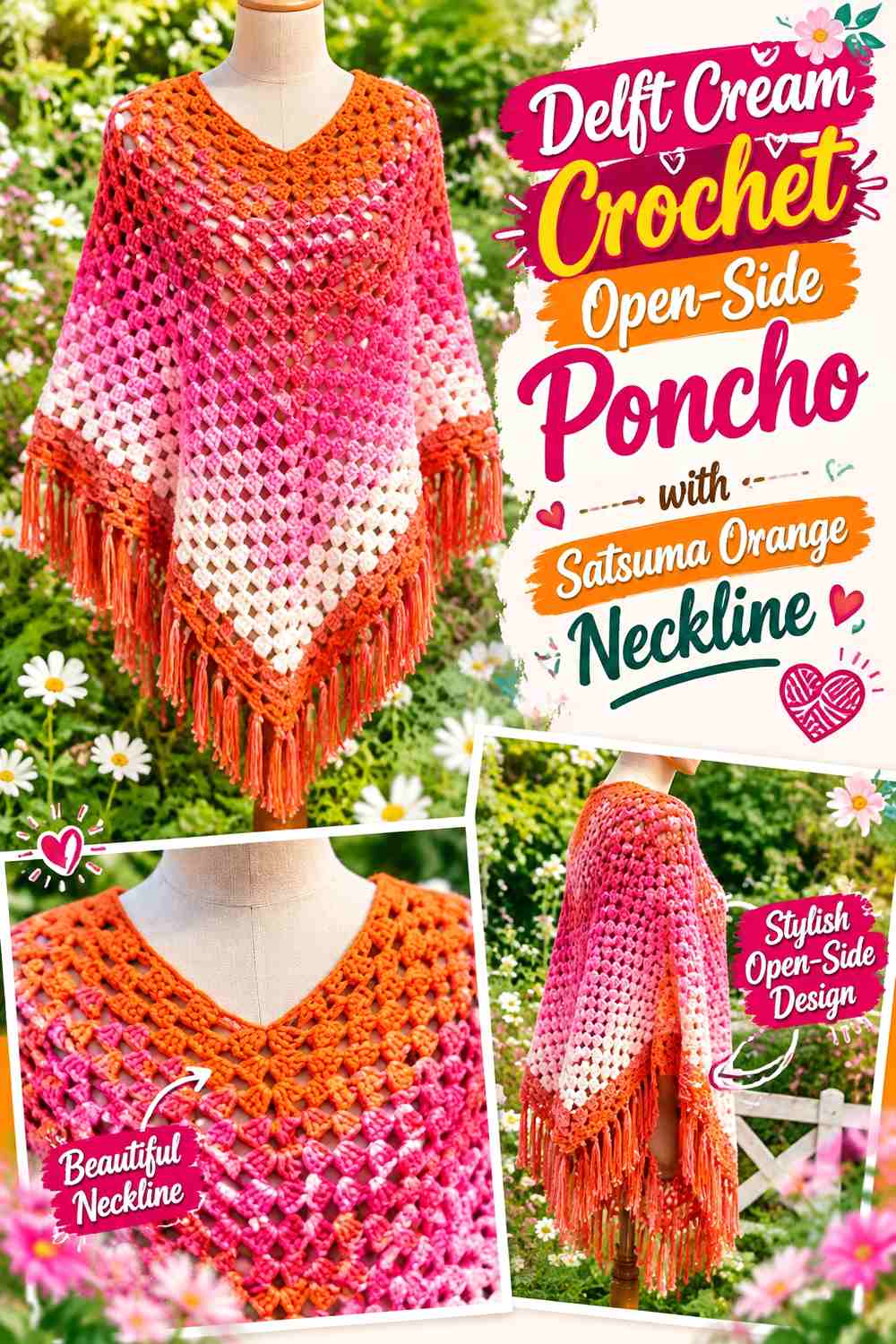 Delft Cream Crochet Open-Side Poncho with Satsuma Orange Neckline