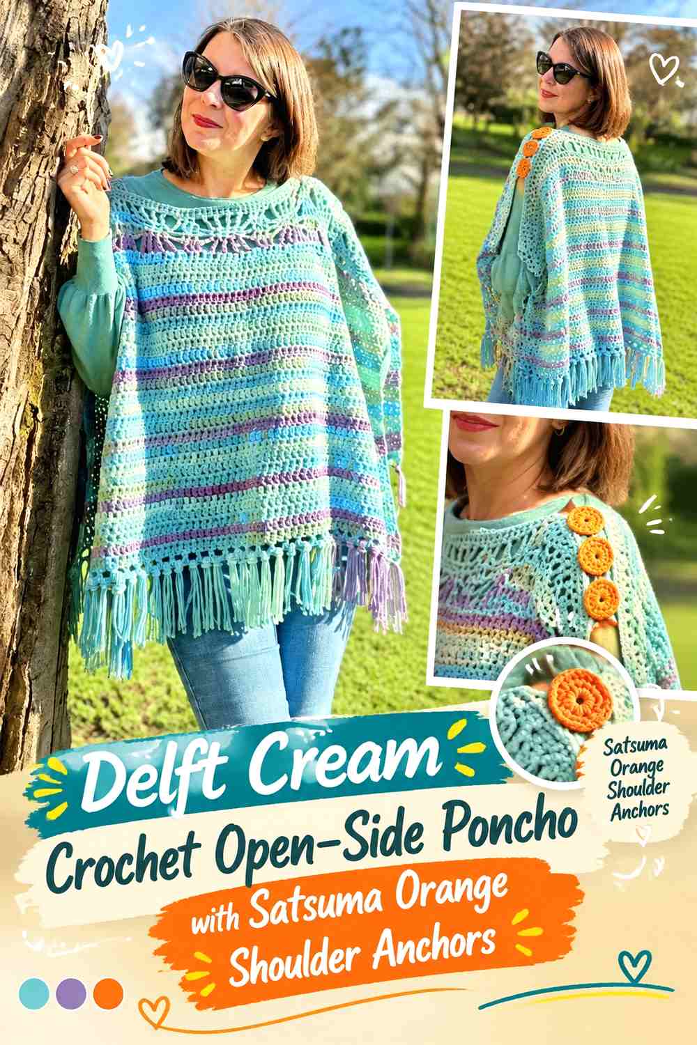 Delft Cream Crochet Open-Side Poncho with Satsuma Orange Shoulder Anchors