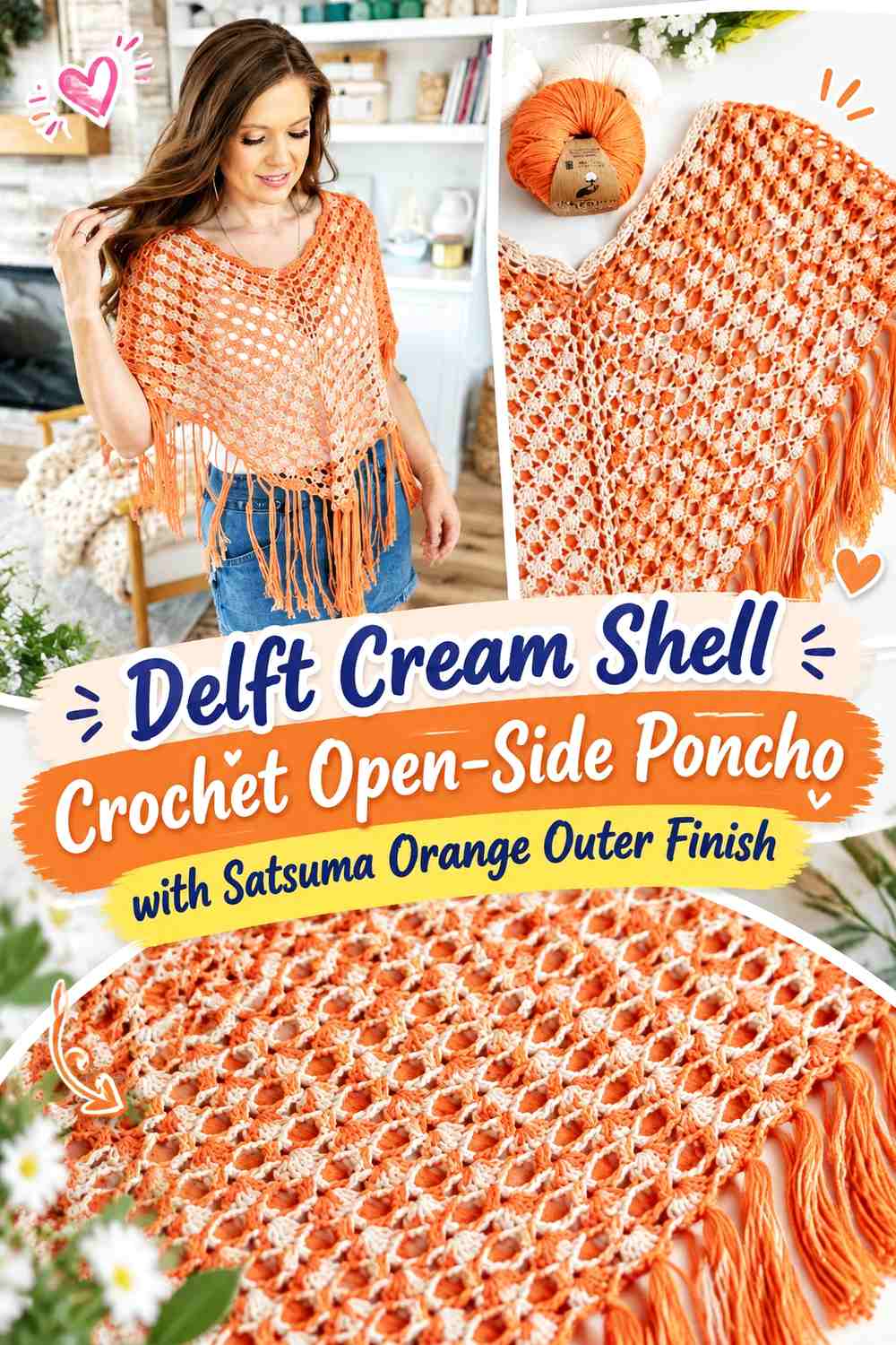 Delft Cream Shell Crochet Open-Side Poncho with Satsuma Orange Outer Finish