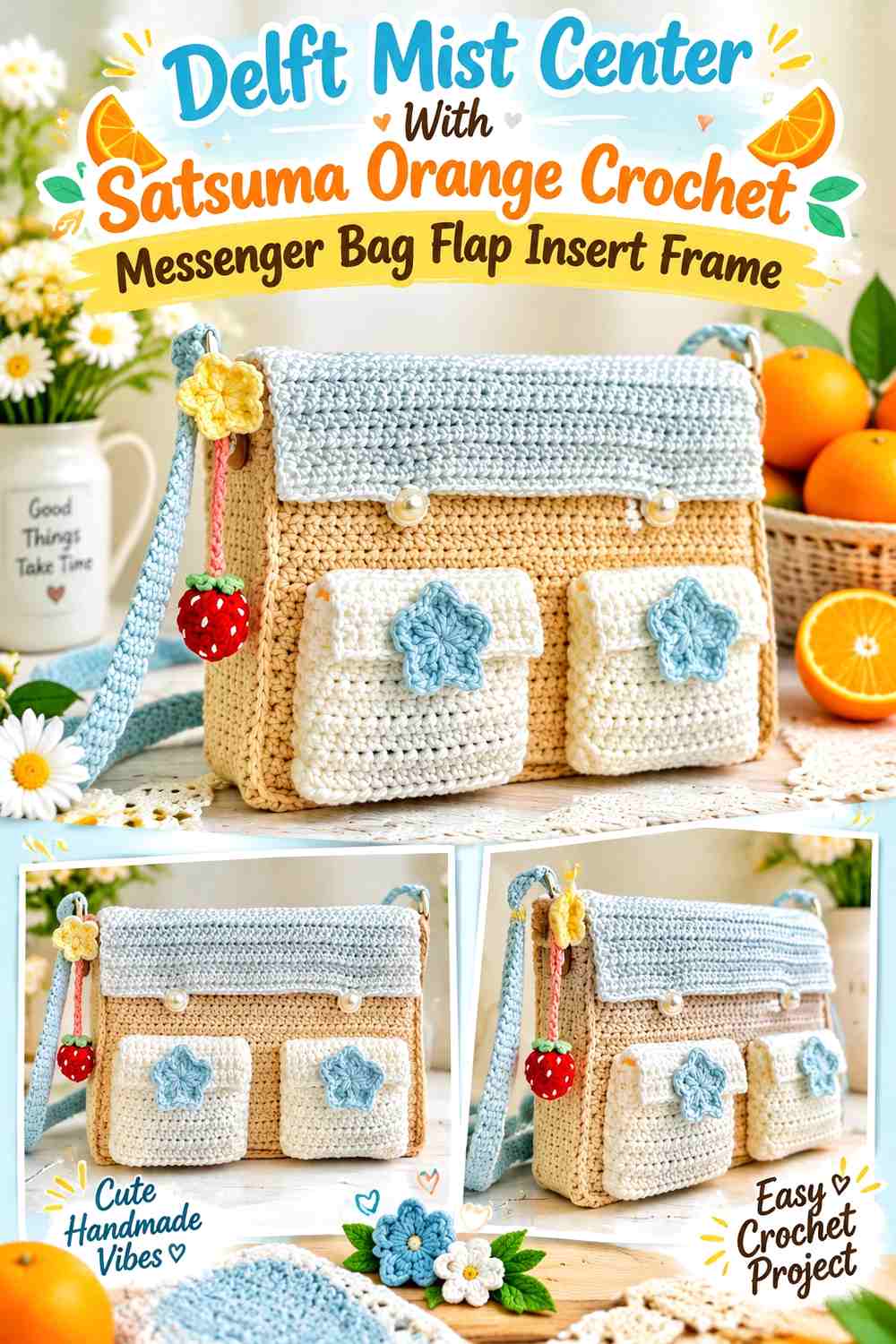 Delft Mist Center With Satsuma Orange Crochet Messenger Bag Flap Insert Frame