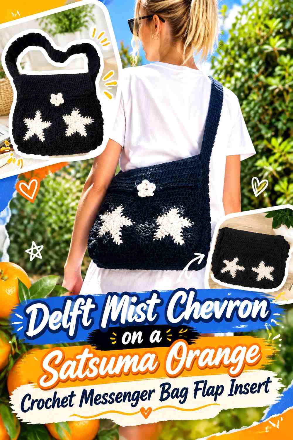 Delft Mist Chevron on a Satsuma Orange Crochet Messenger Bag Flap Insert