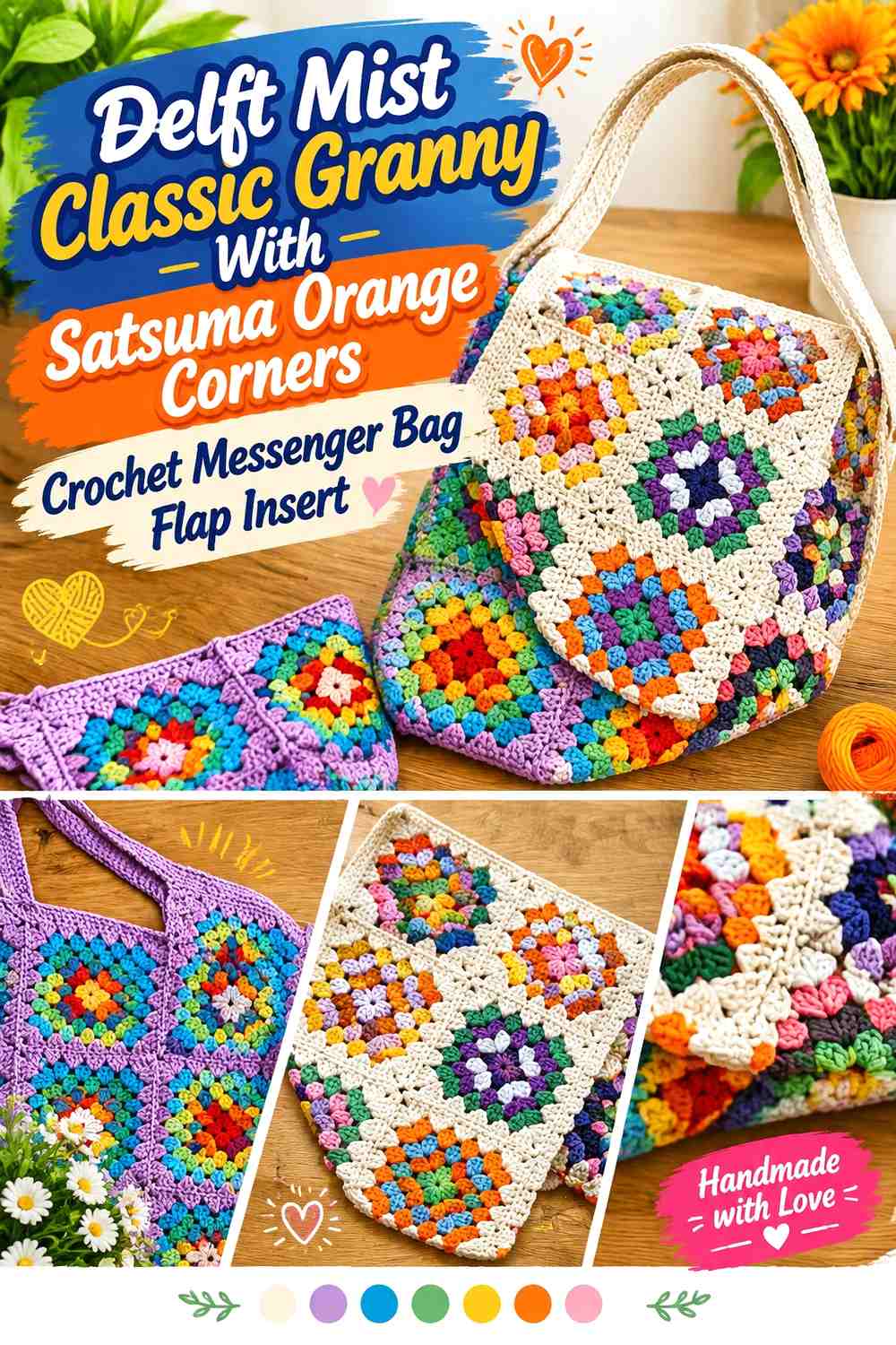 Delft Mist Classic Granny With Satsuma Orange Corners Crochet Messenger Bag Flap Insert