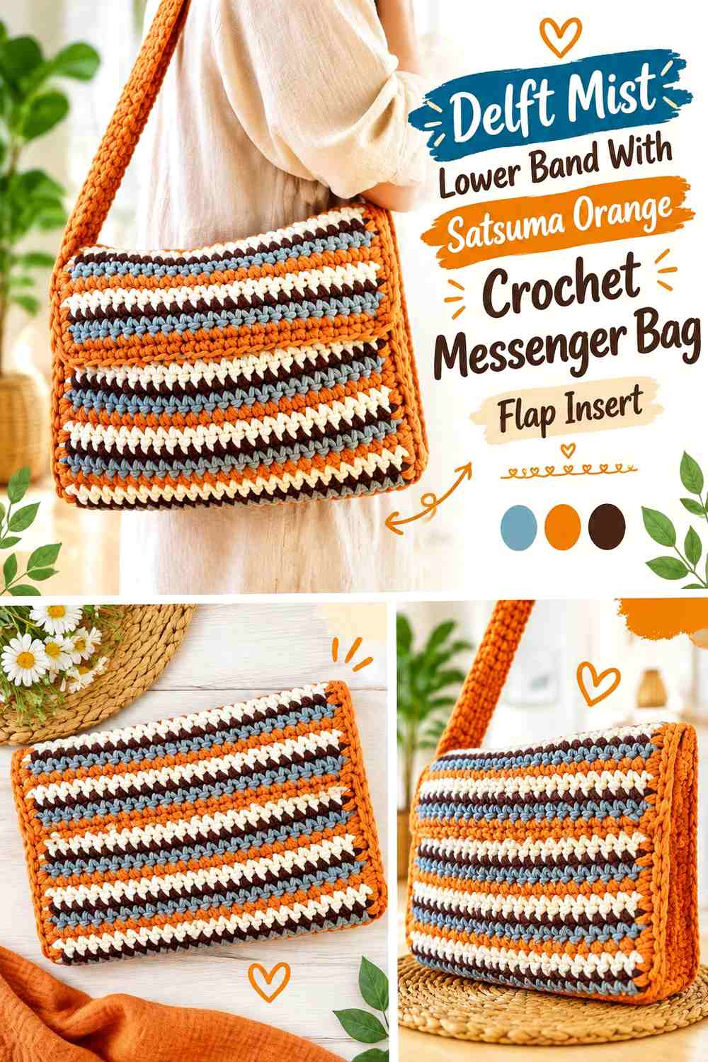Delft Mist Lower Band With Satsuma Orange Crochet Messenger Bag Flap Insert