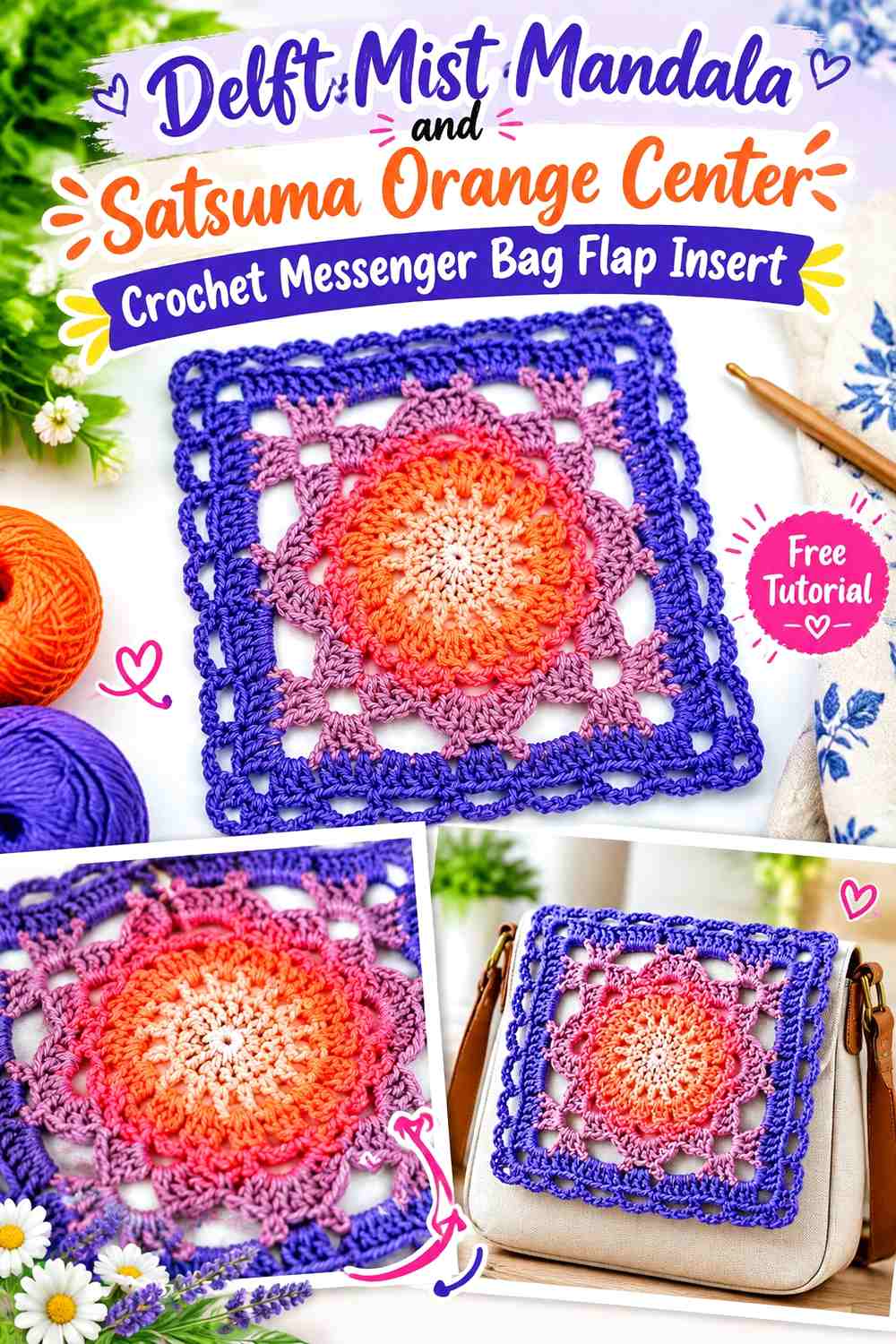 Delft Mist Mandala and Satsuma Orange Center Crochet Messenger Bag Flap Insert