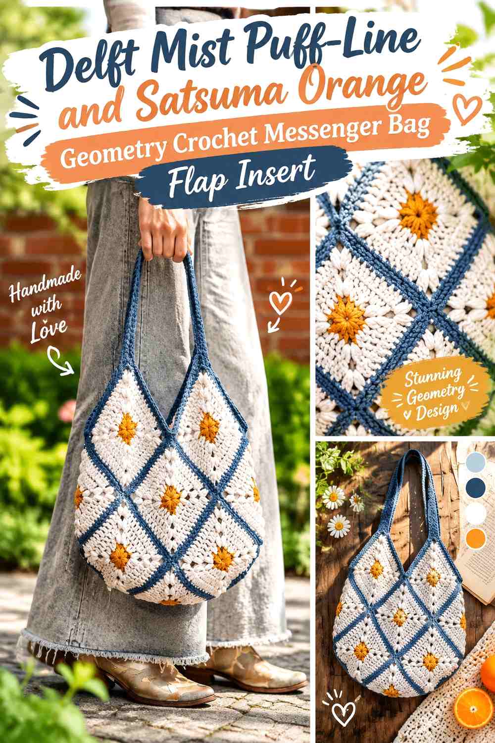 Delft Mist Puff-Line and Satsuma Orange Geometry Crochet Messenger Bag Flap Insert