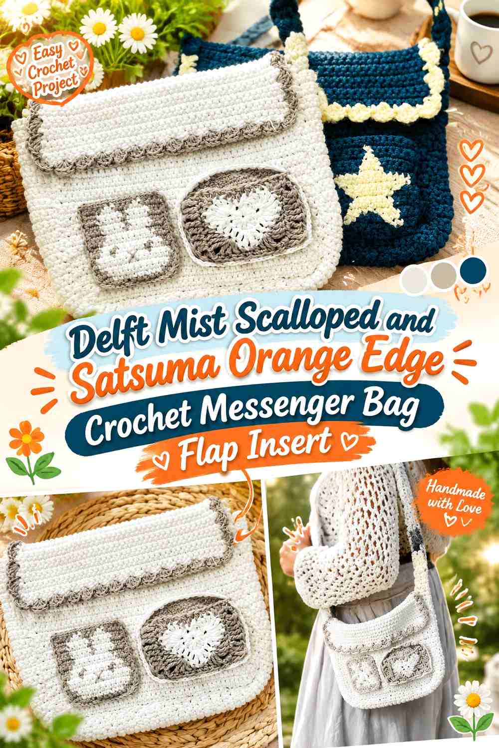 Delft Mist Scalloped and Satsuma Orange Edge Crochet Messenger Bag Flap Insert
