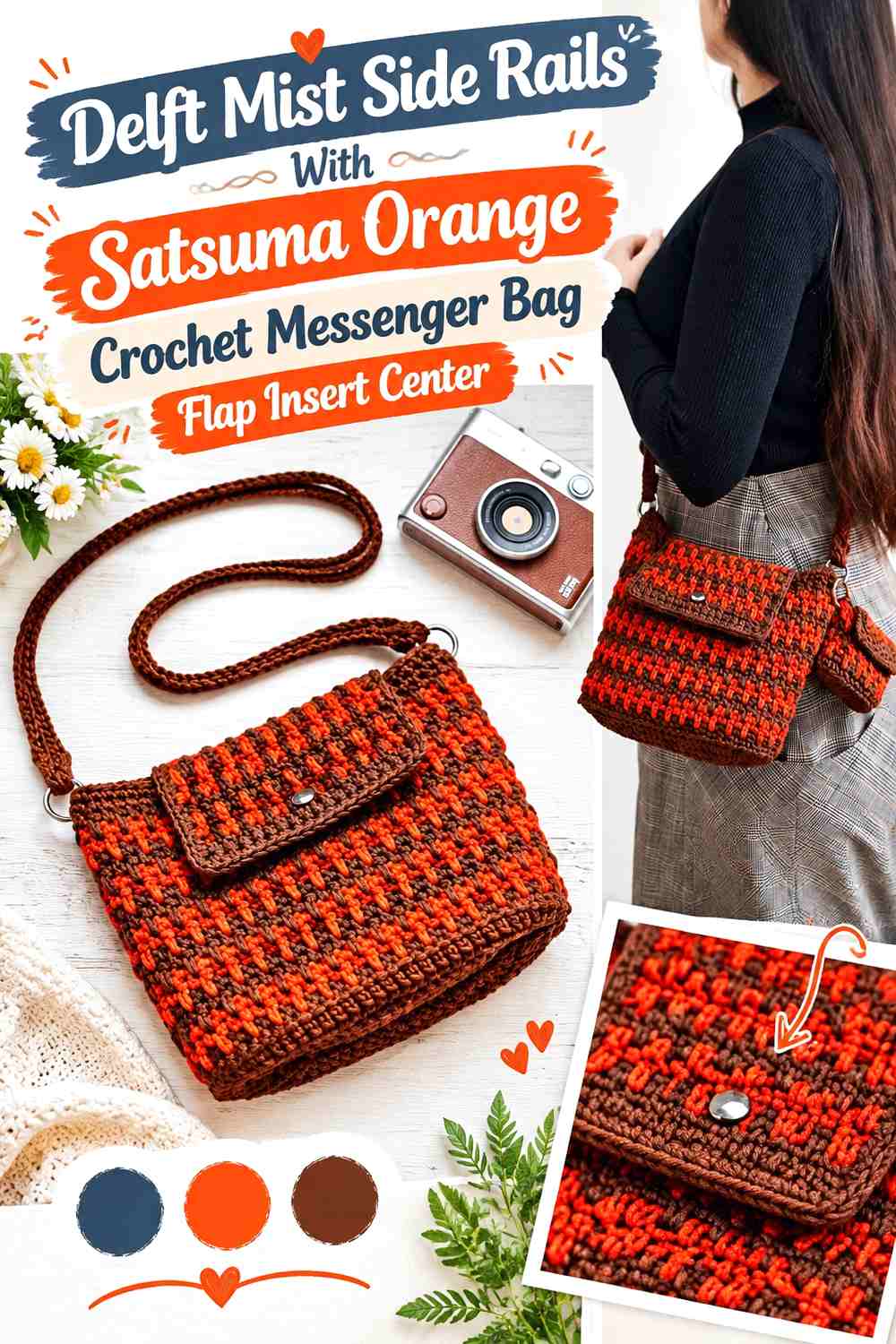 Delft Mist Side Rails With Satsuma Orange Crochet Messenger Bag Flap Insert Center
