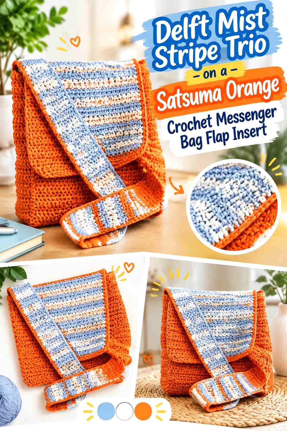 Delft Mist Stripe Trio on a Satsuma Orange Crochet Messenger Bag Flap Insert