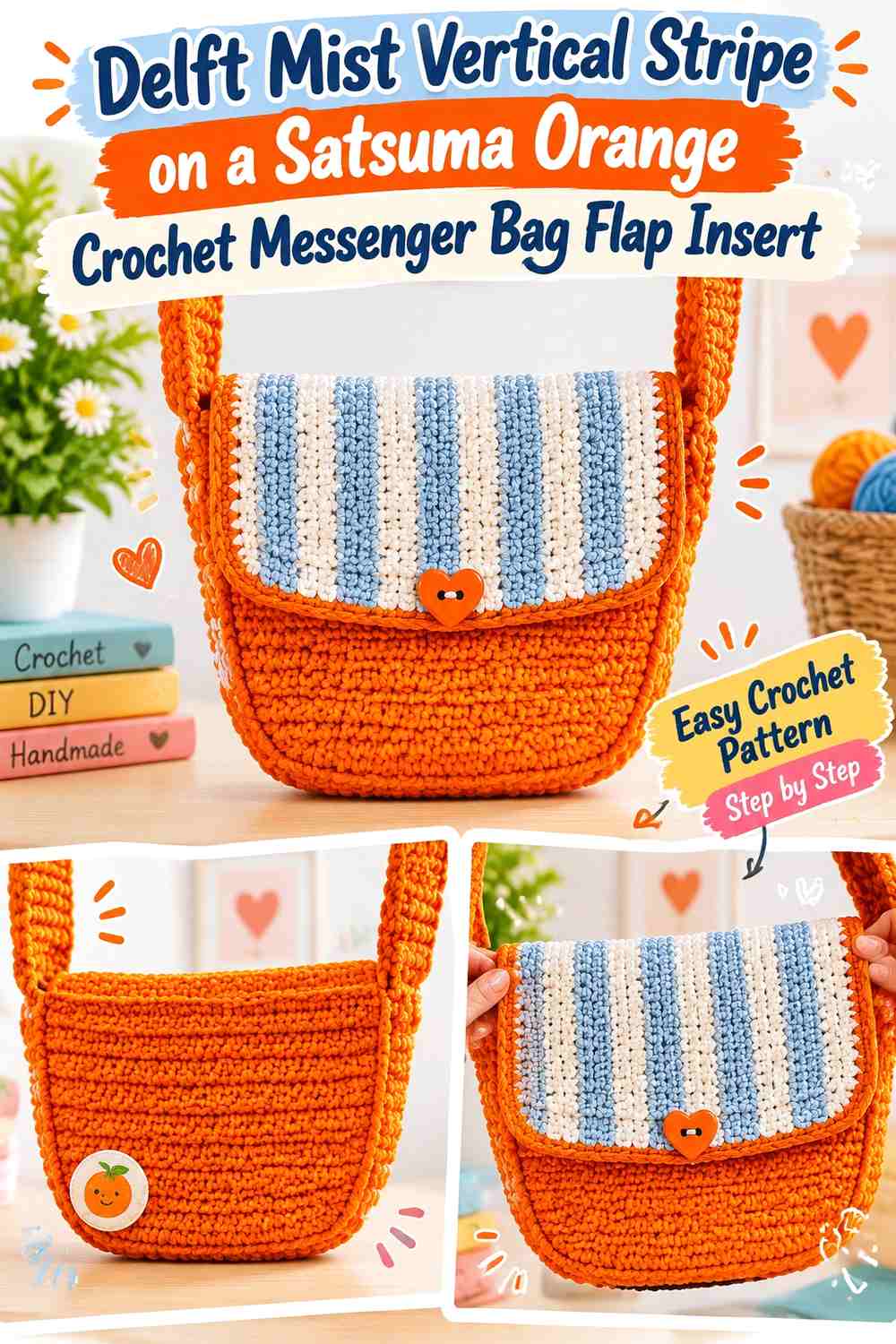 Delft Mist Vertical Stripe on a Satsuma Orange Crochet Messenger Bag Flap Insert