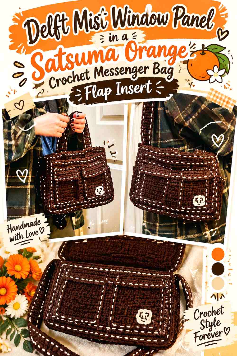 Delft Mist Window Panel in a Satsuma Orange Crochet Messenger Bag Flap Insert