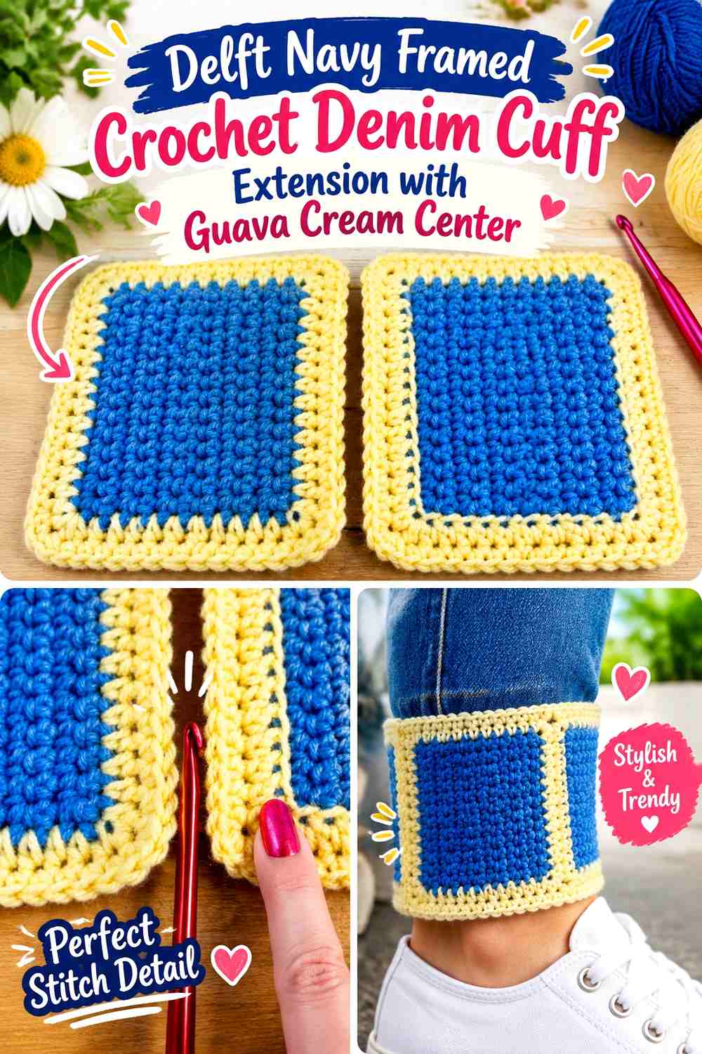 Delft Navy Framed Crochet Denim Cuff Extension with Guava Cream Center