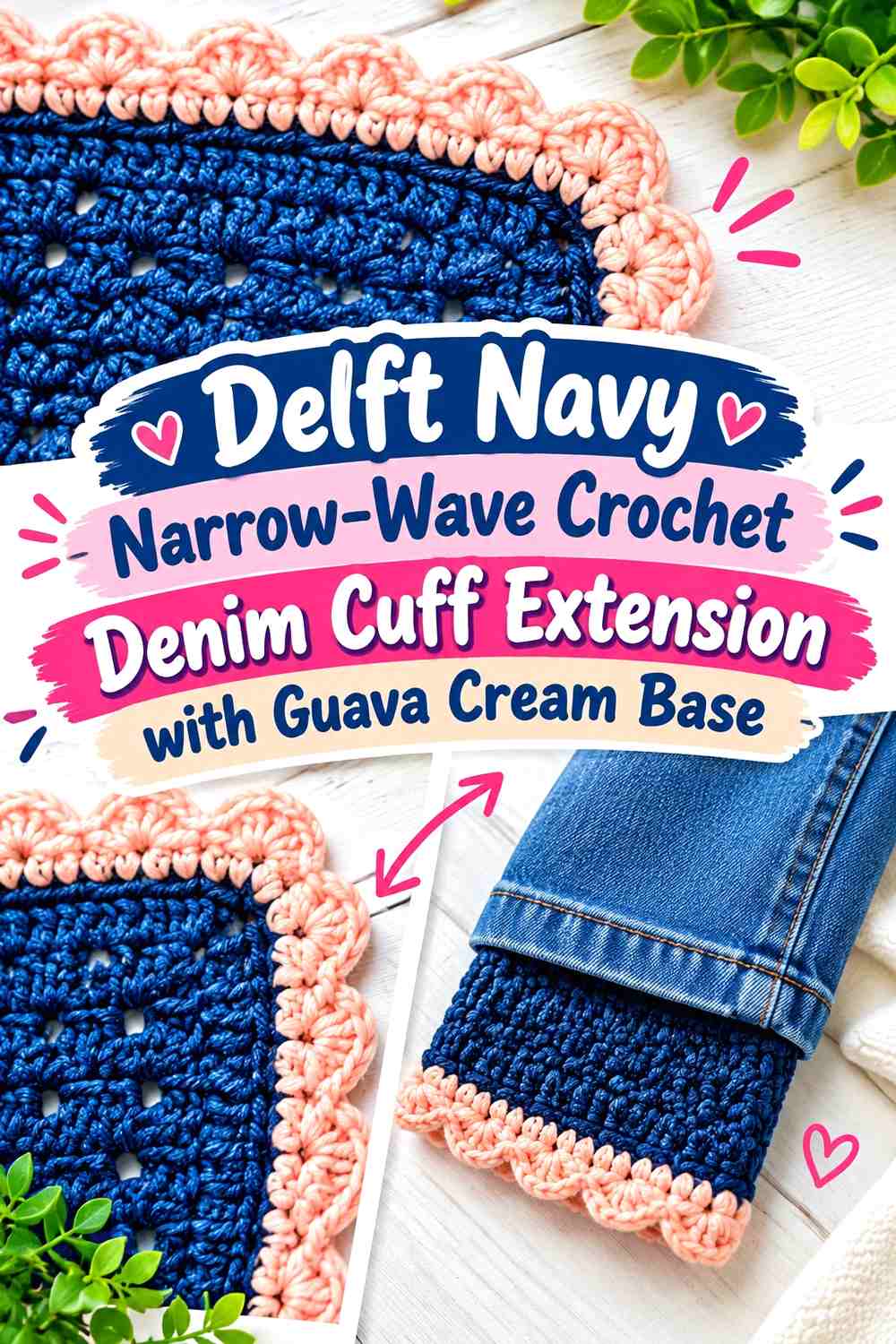 Delft Navy Narrow-Wave Crochet Denim Cuff Extension with Guava Cream Base