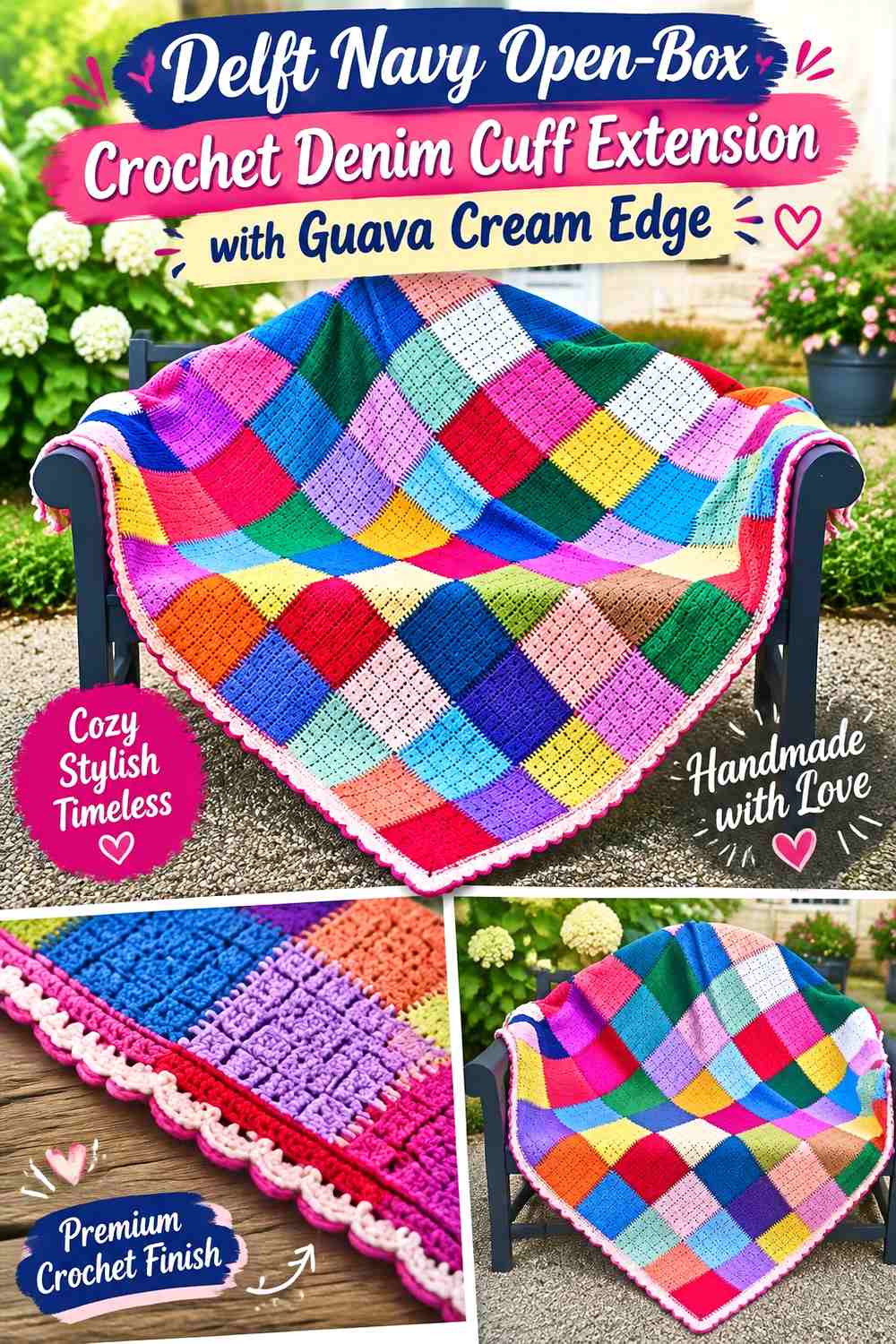 Delft Navy Open-Box Crochet Denim Cuff Extension with Guava Cream Edge