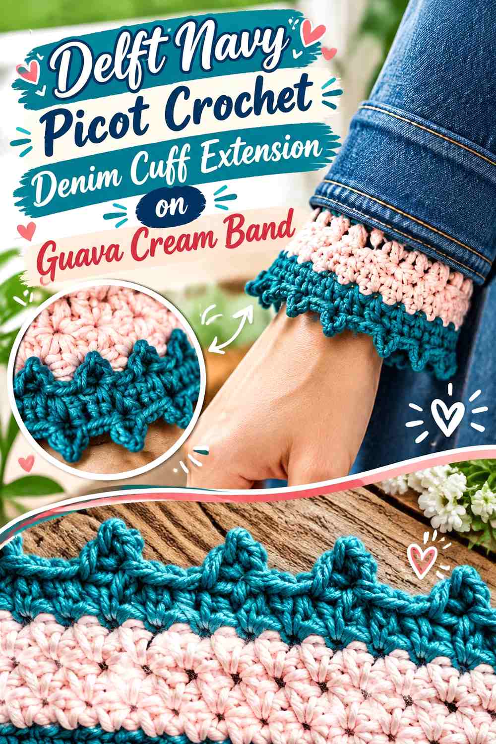 Delft Navy Picot Crochet Denim Cuff Extension on Guava Cream Band