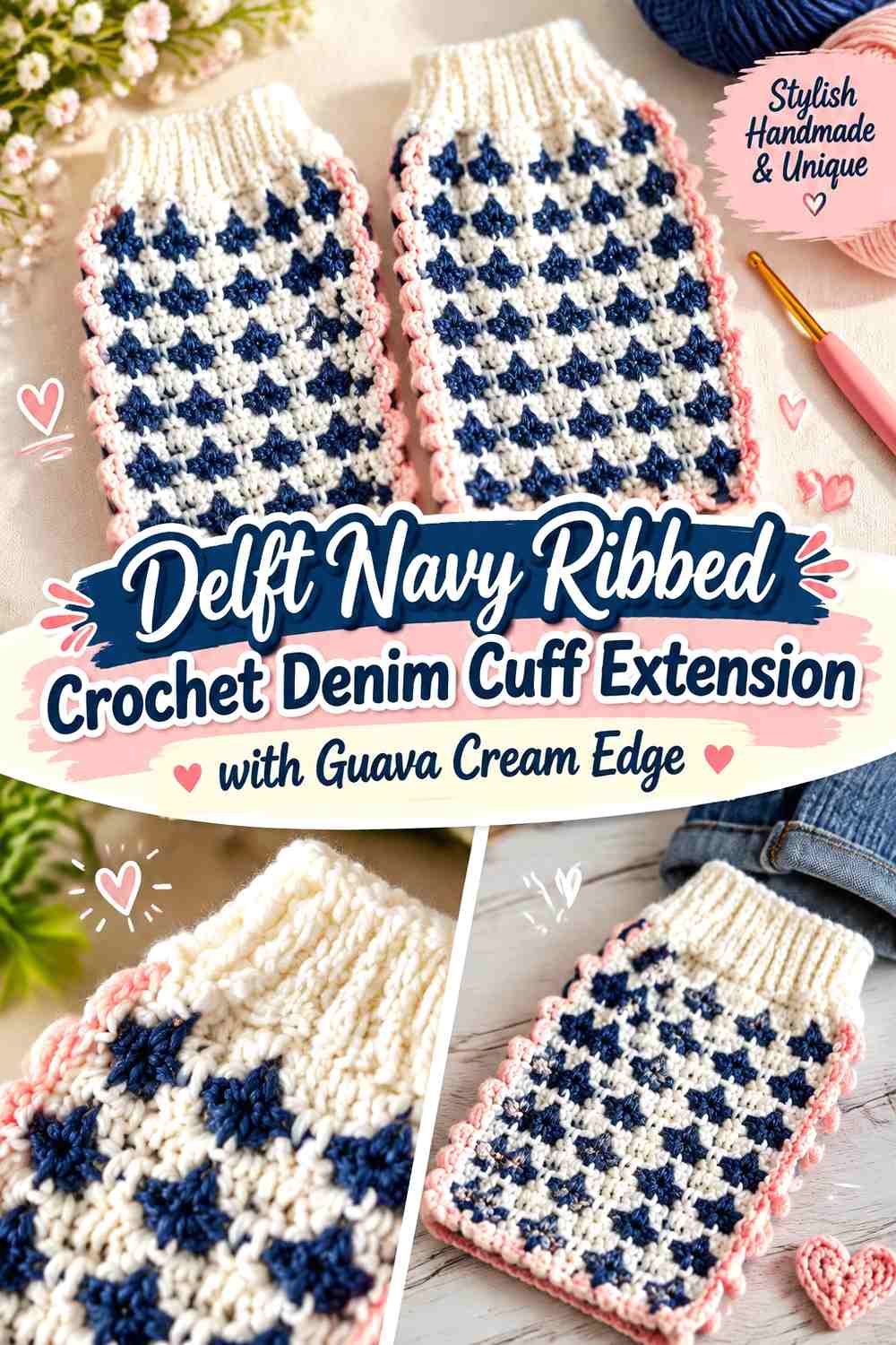 Delft Navy Ribbed Crochet Denim Cuff Extension with Guava Cream Edge