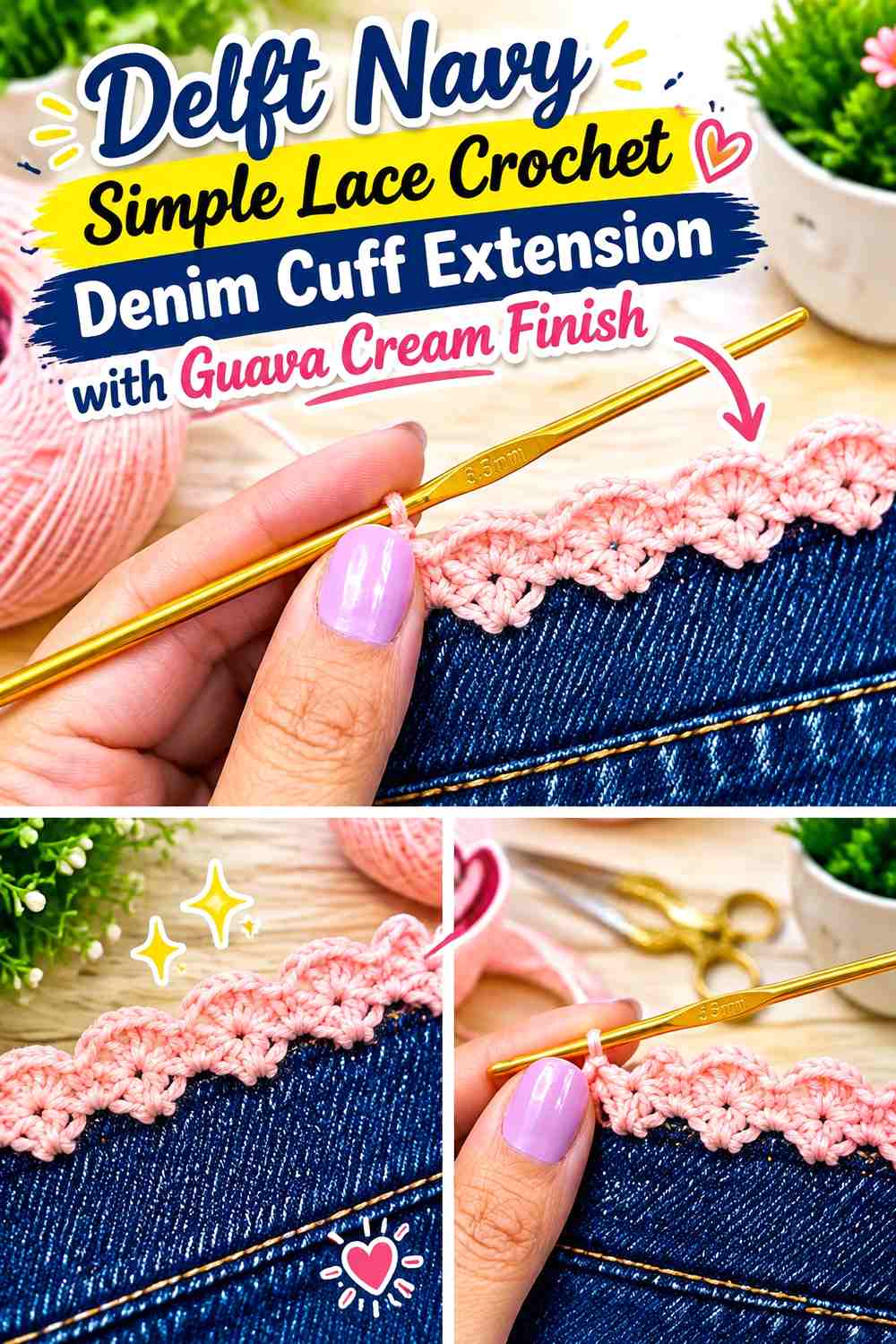 Delft Navy Simple Lace Crochet Denim Cuff Extension with Guava Cream Finish