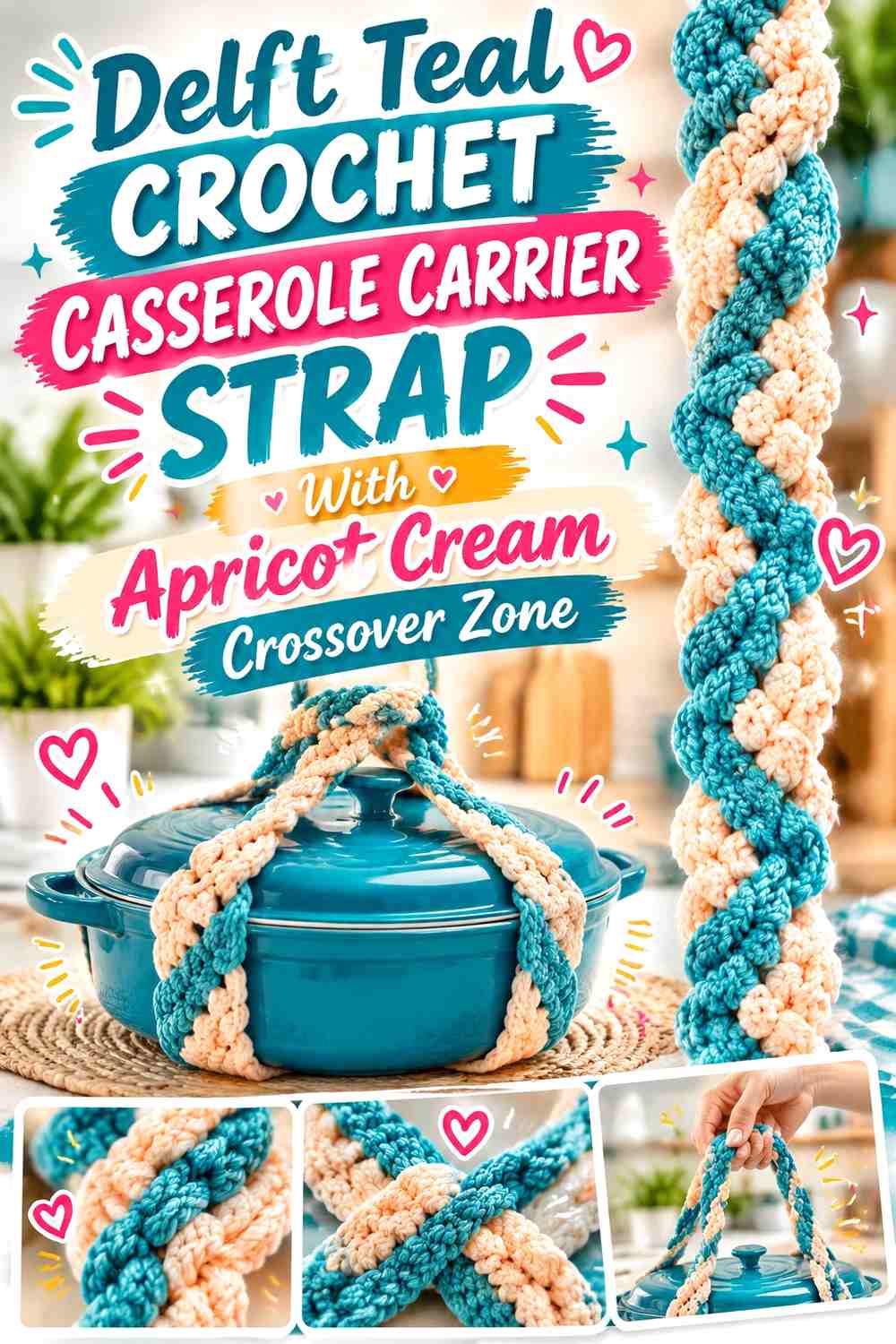 Delft Teal Crochet Casserole Carrier Strap With Apricot Cream Crossover Zone