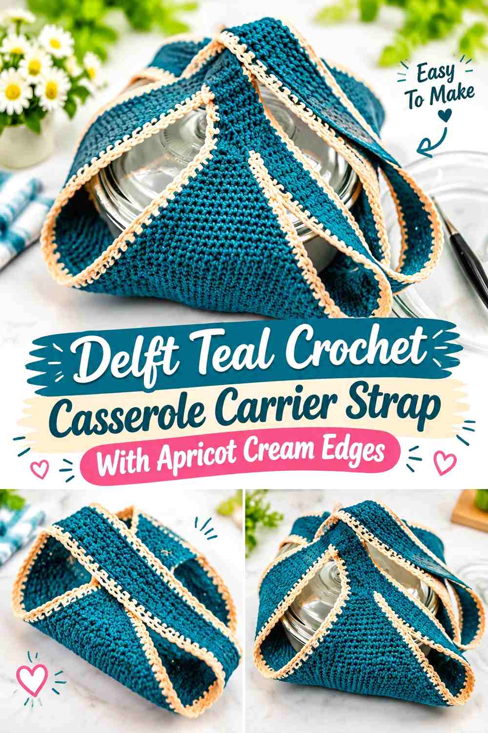 Delft Teal Crochet Casserole Carrier Strap With Apricot Cream Edges
