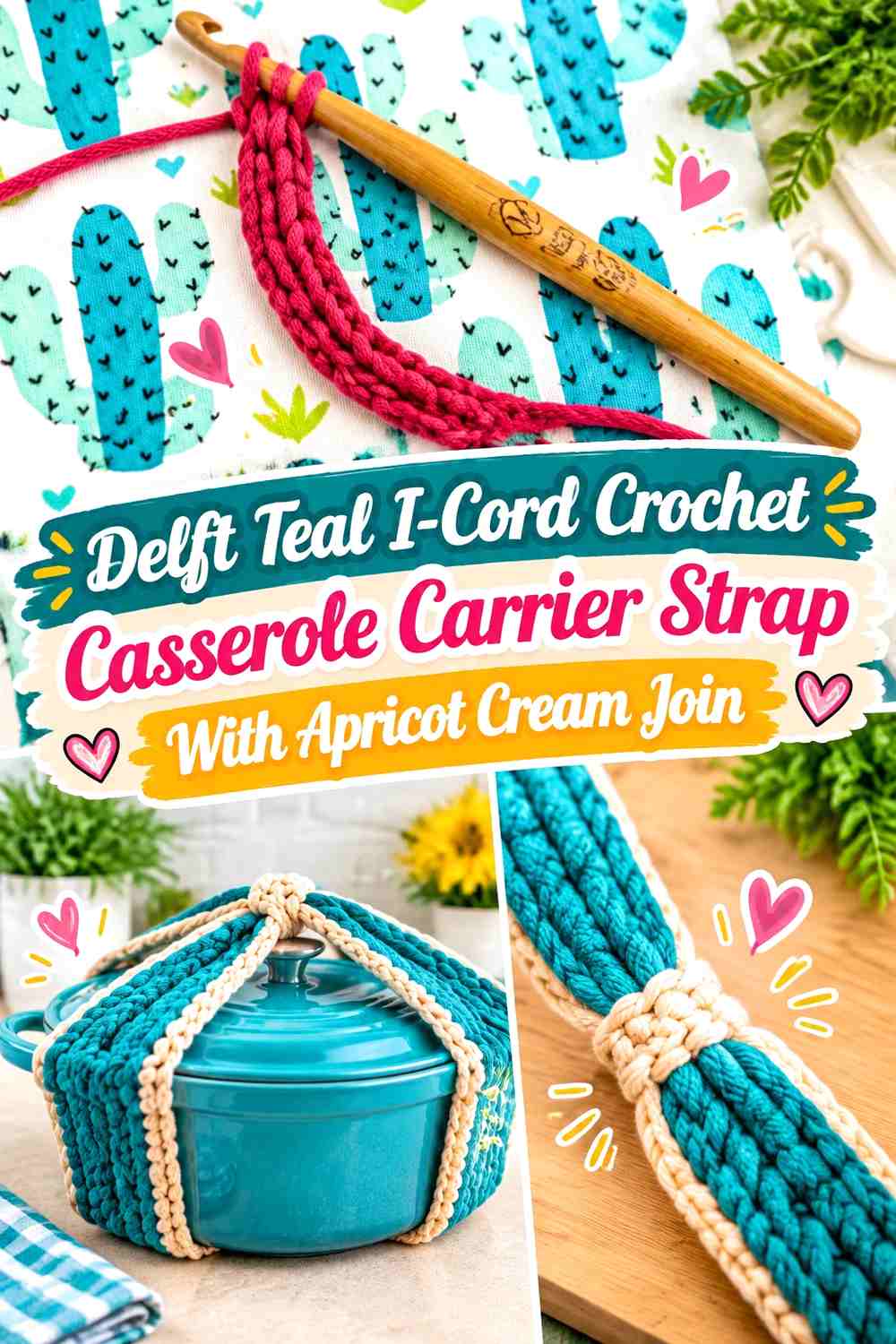 Delft Teal I Cord Crochet Casserole Carrier Strap With Apricot Cream Join