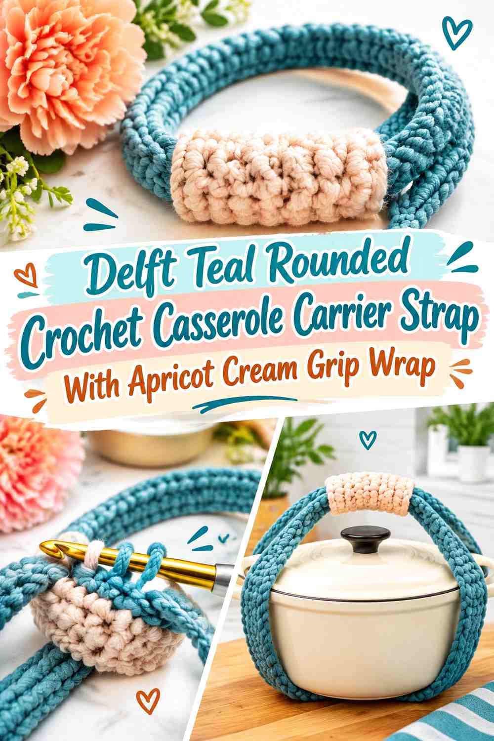 Delft Teal Rounded Crochet Casserole Carrier Strap With Apricot Cream Grip Wrap