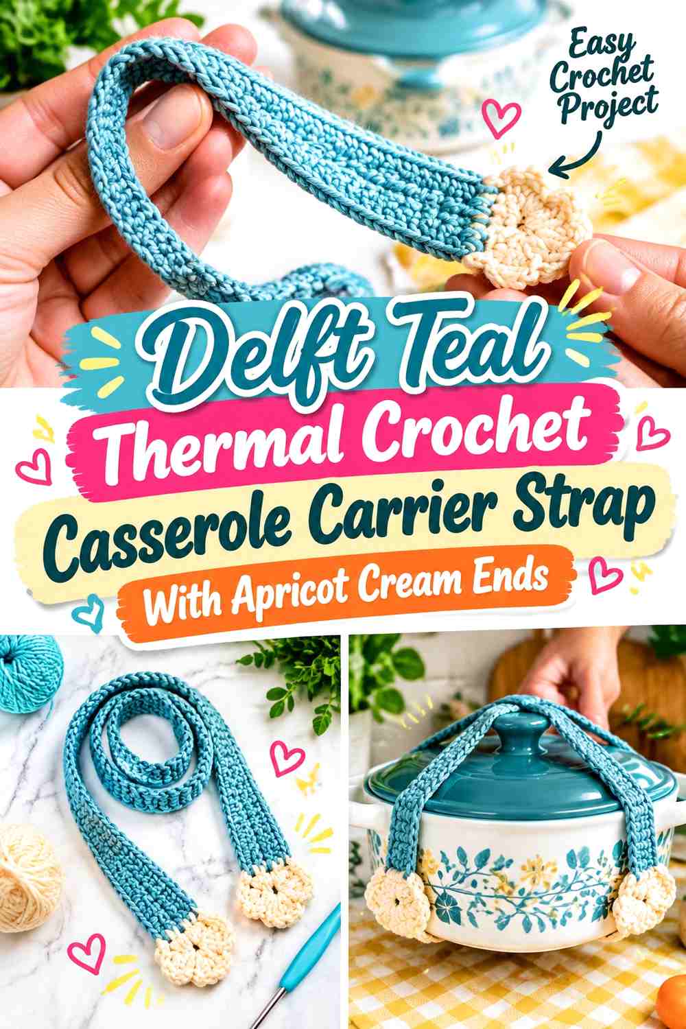 Delft Teal Thermal Crochet Casserole Carrier Strap With Apricot Cream Ends