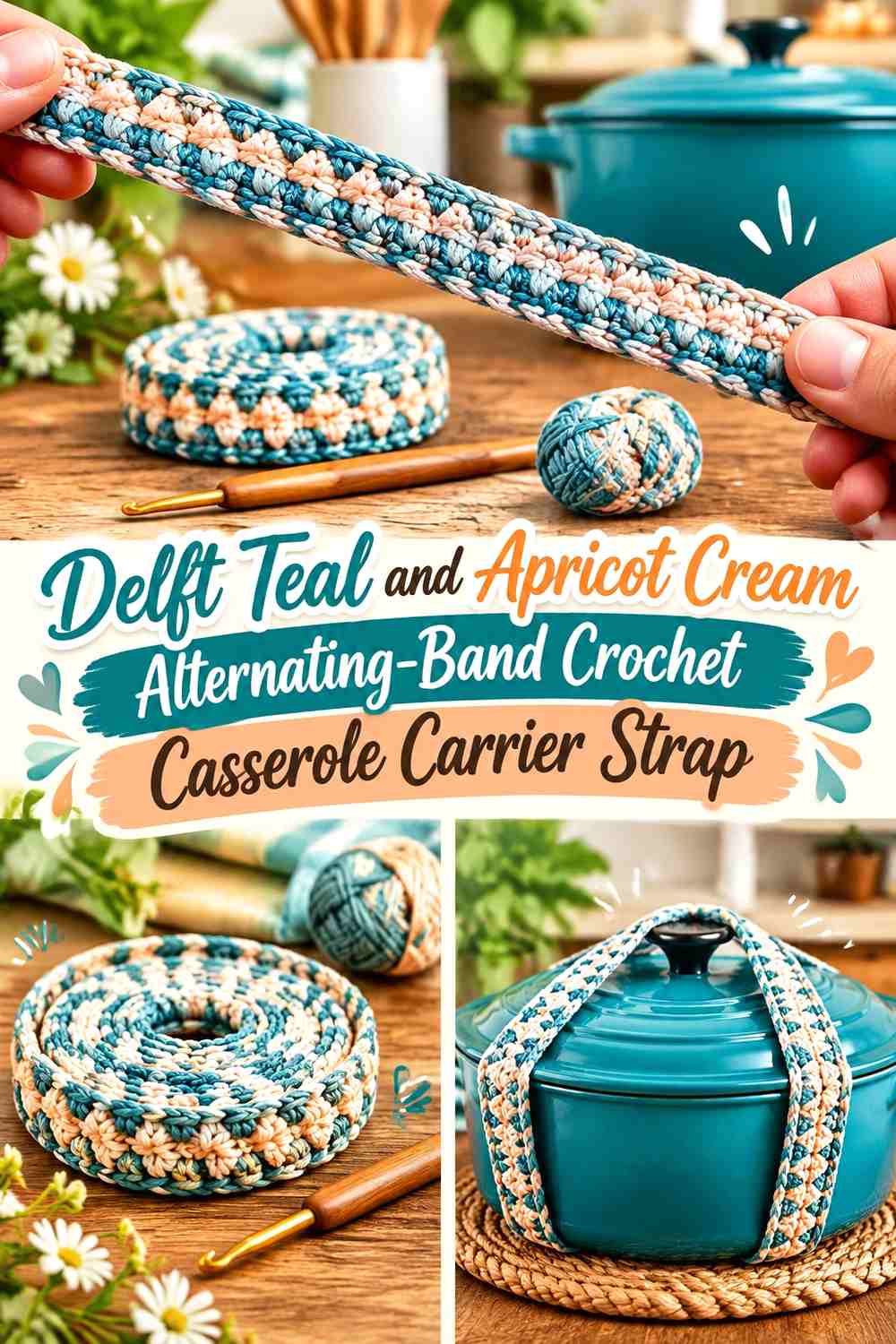 Delft Teal and Apricot Cream Alternating Band Crochet Casserole Carrier Strap