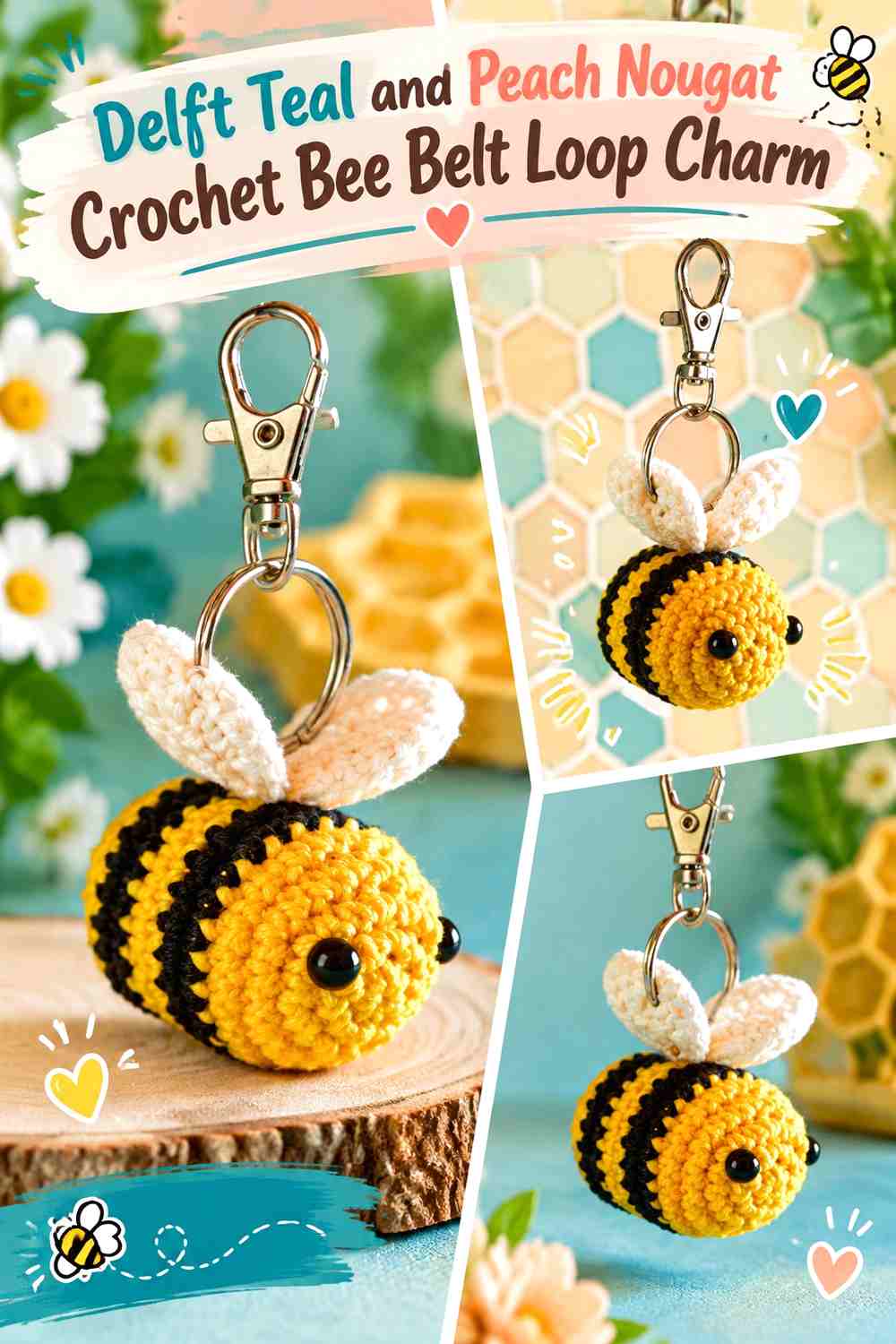 Delft Teal and Peach Nougat Crochet Bee Belt Loop Charm