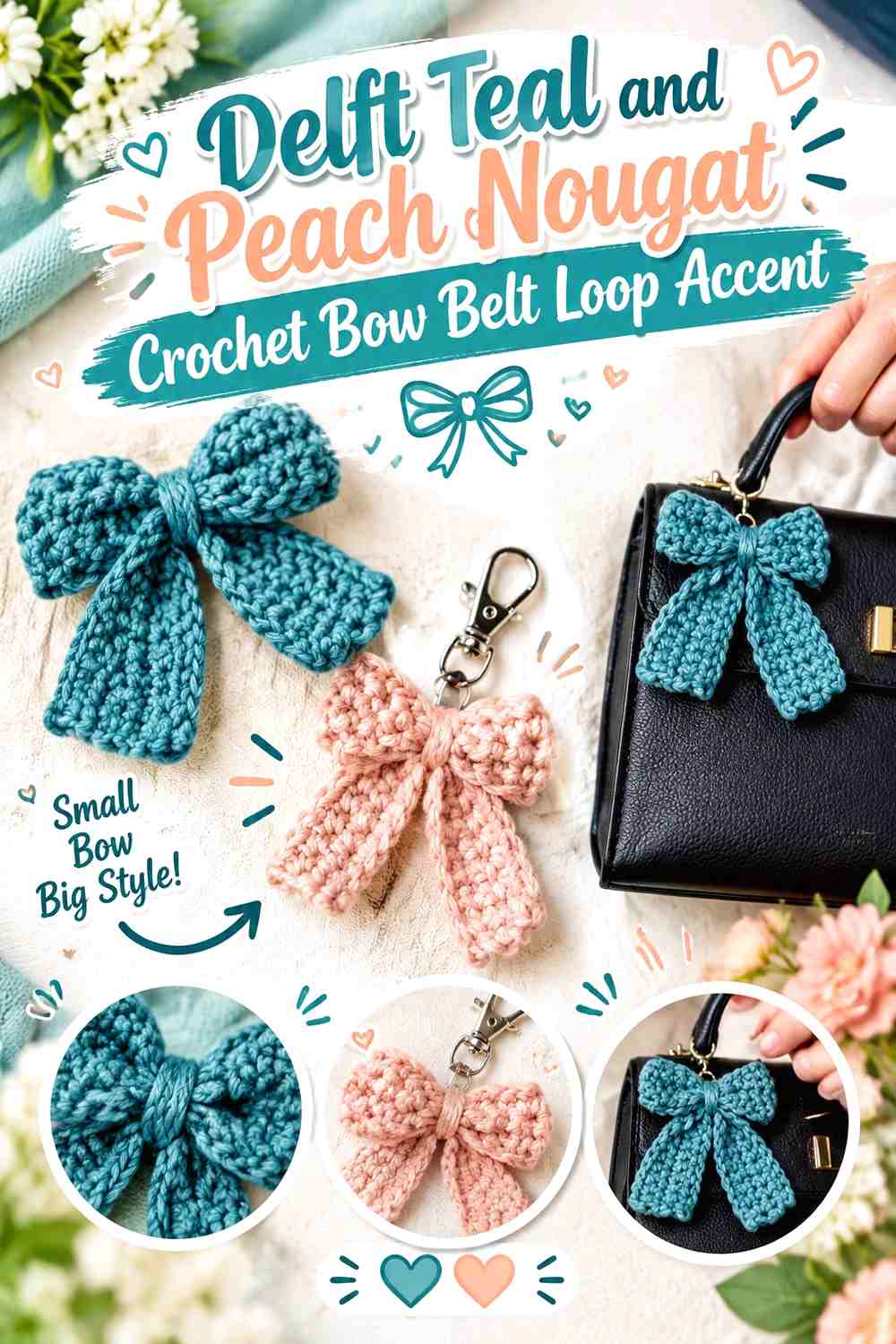 Delft Teal and Peach Nougat Crochet Bow Belt Loop Accent