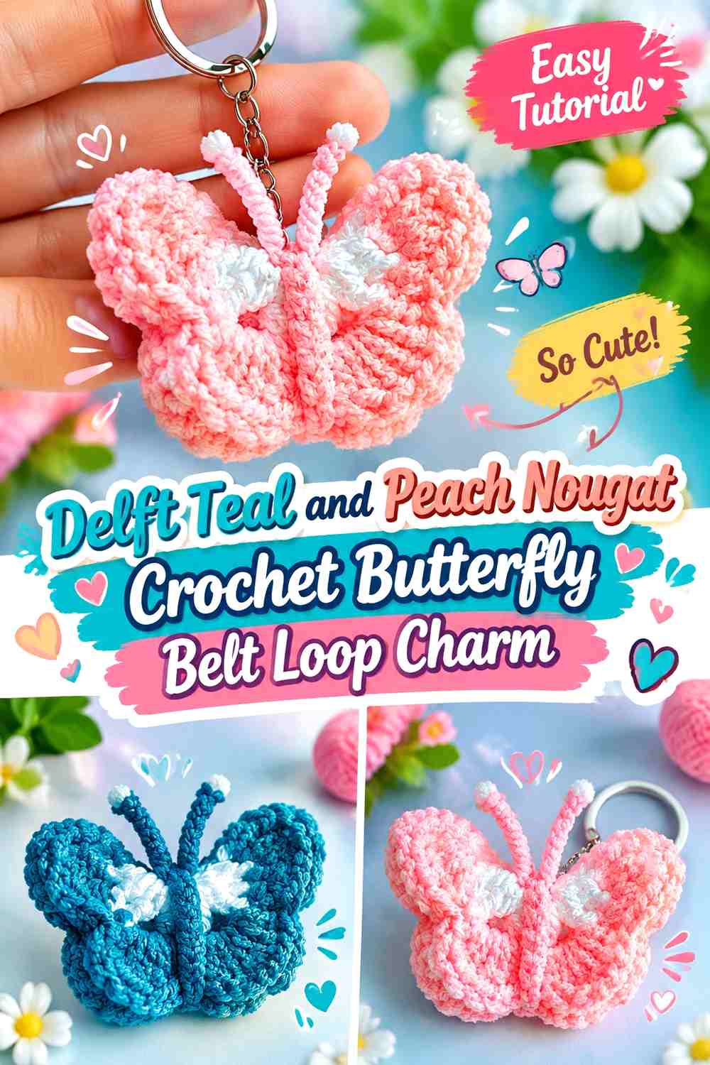 Delft Teal and Peach Nougat Crochet Butterfly Belt Loop Charm