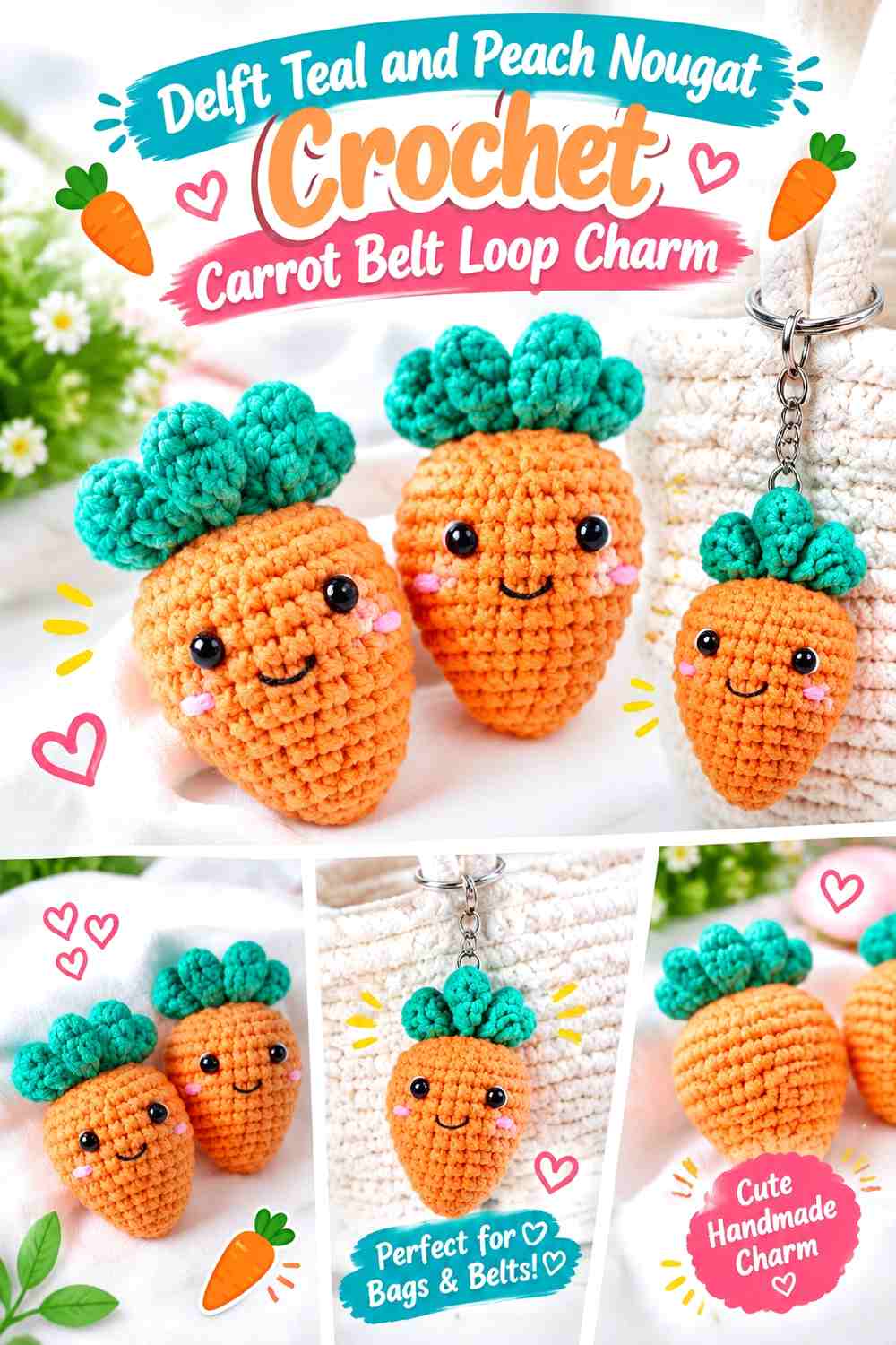 Delft Teal and Peach Nougat Crochet Carrot Belt Loop Charm