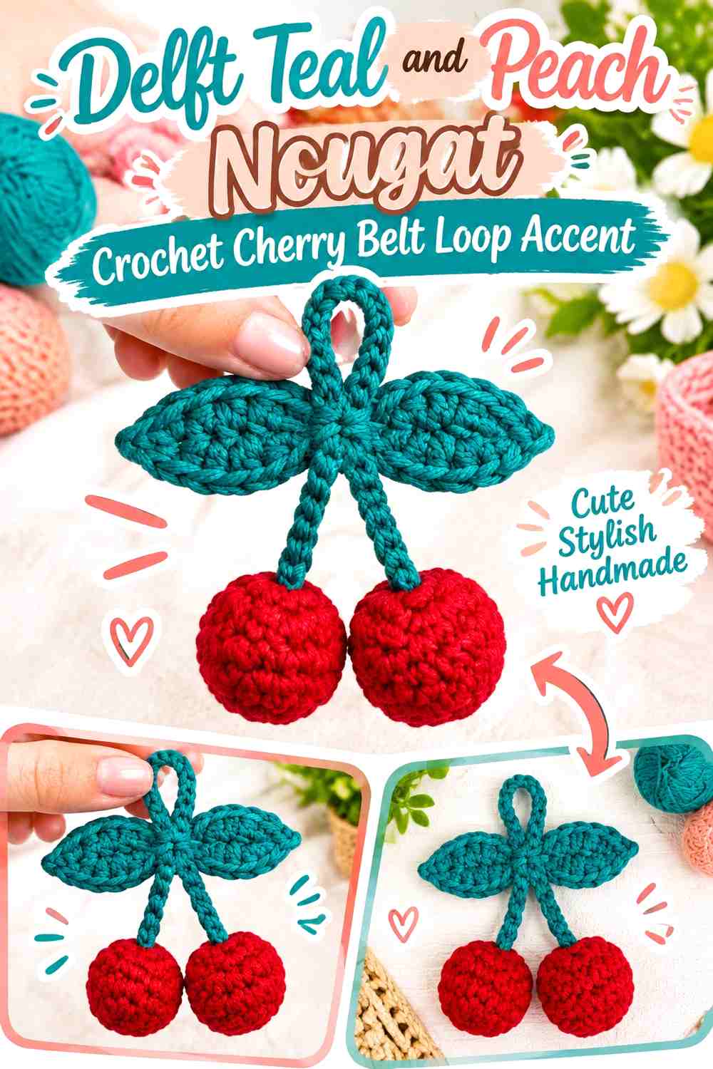 Delft Teal and Peach Nougat Crochet Cherry Belt Loop Accent
