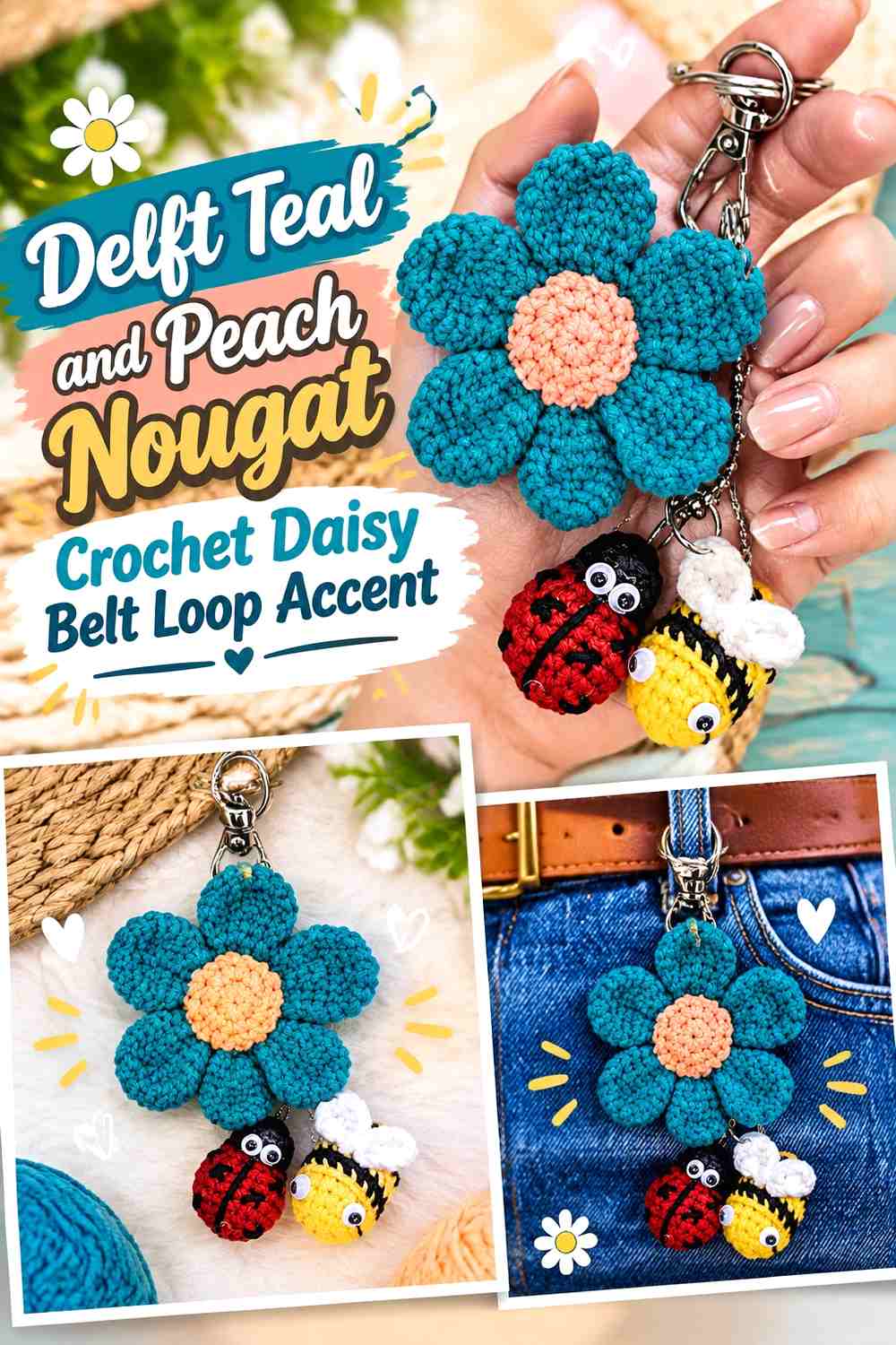 Delft Teal and Peach Nougat Crochet Daisy Belt Loop Accent