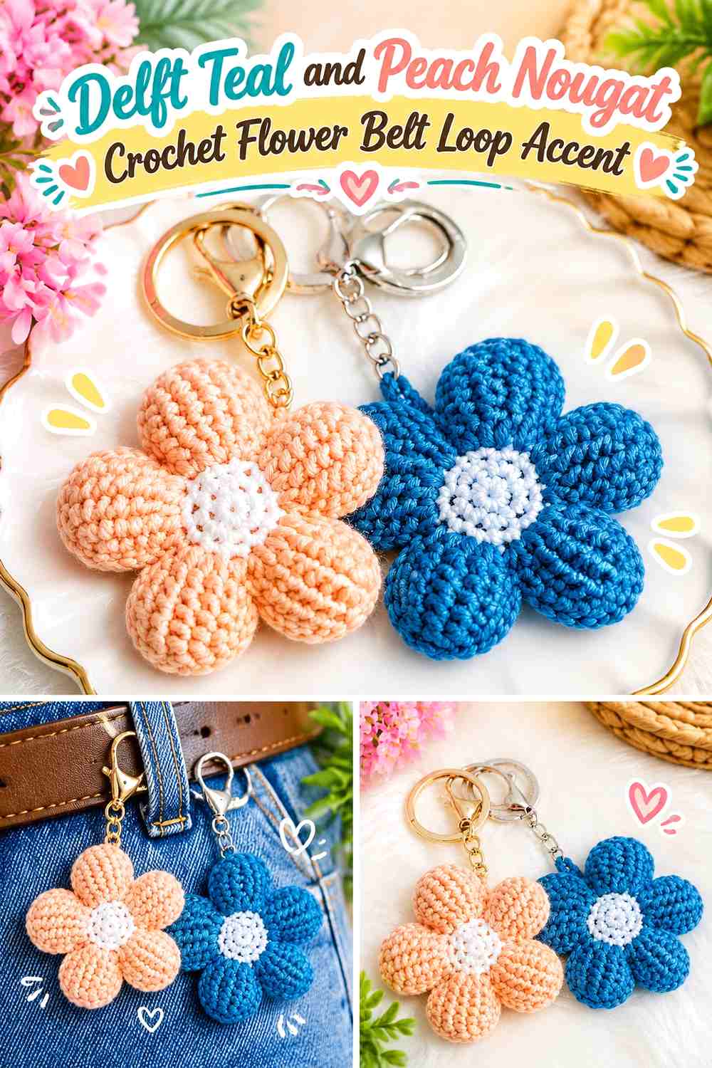 Delft Teal and Peach Nougat Crochet Flower Belt Loop Accent