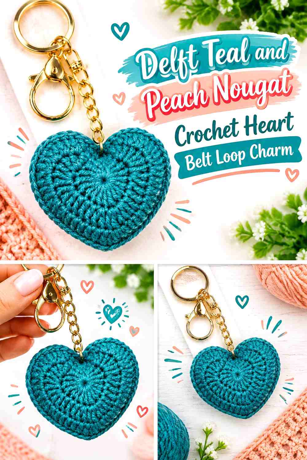 Delft Teal and Peach Nougat Crochet Heart Belt Loop Charm