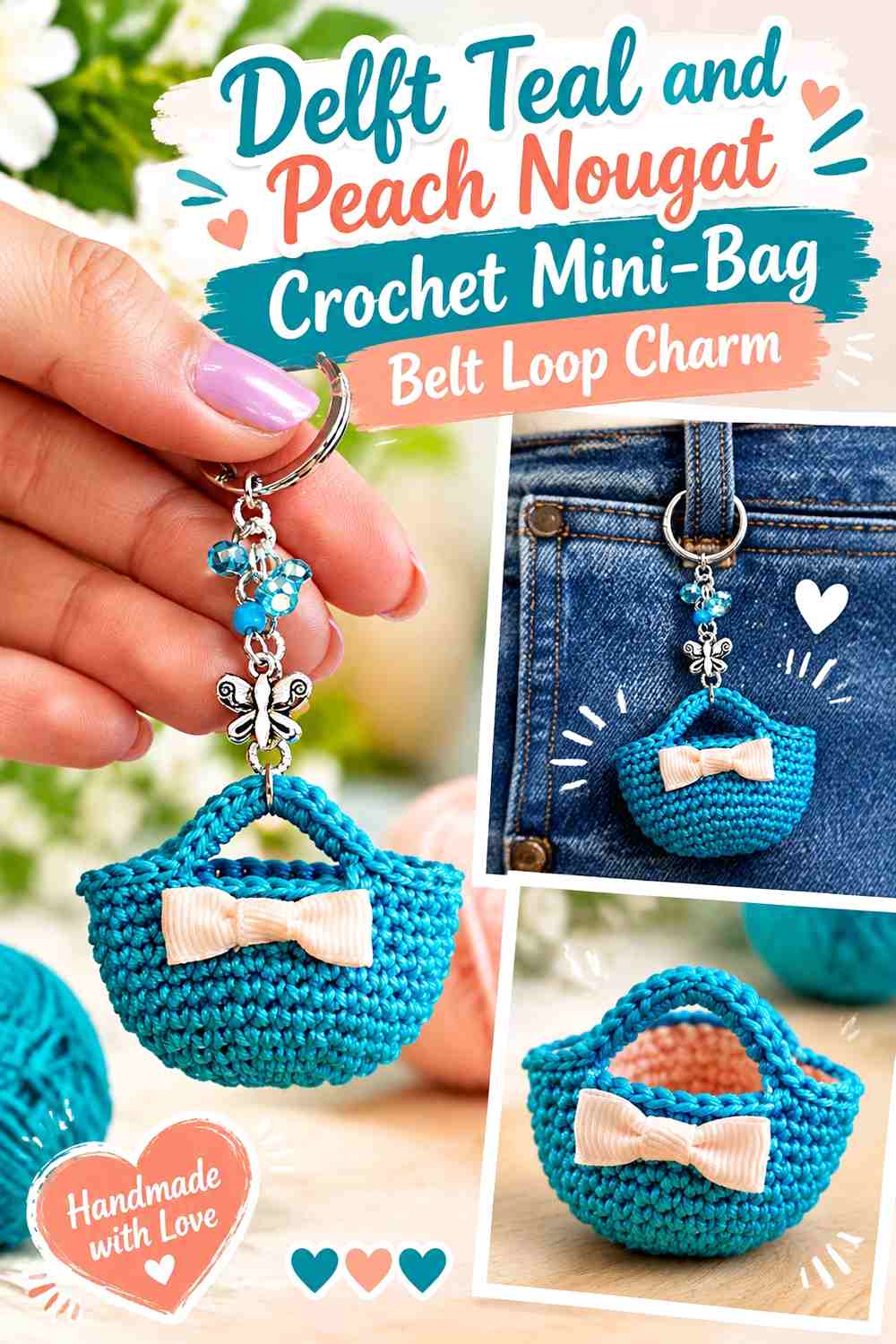 Delft Teal and Peach Nougat Crochet Mini-Bag Belt Loop Charm