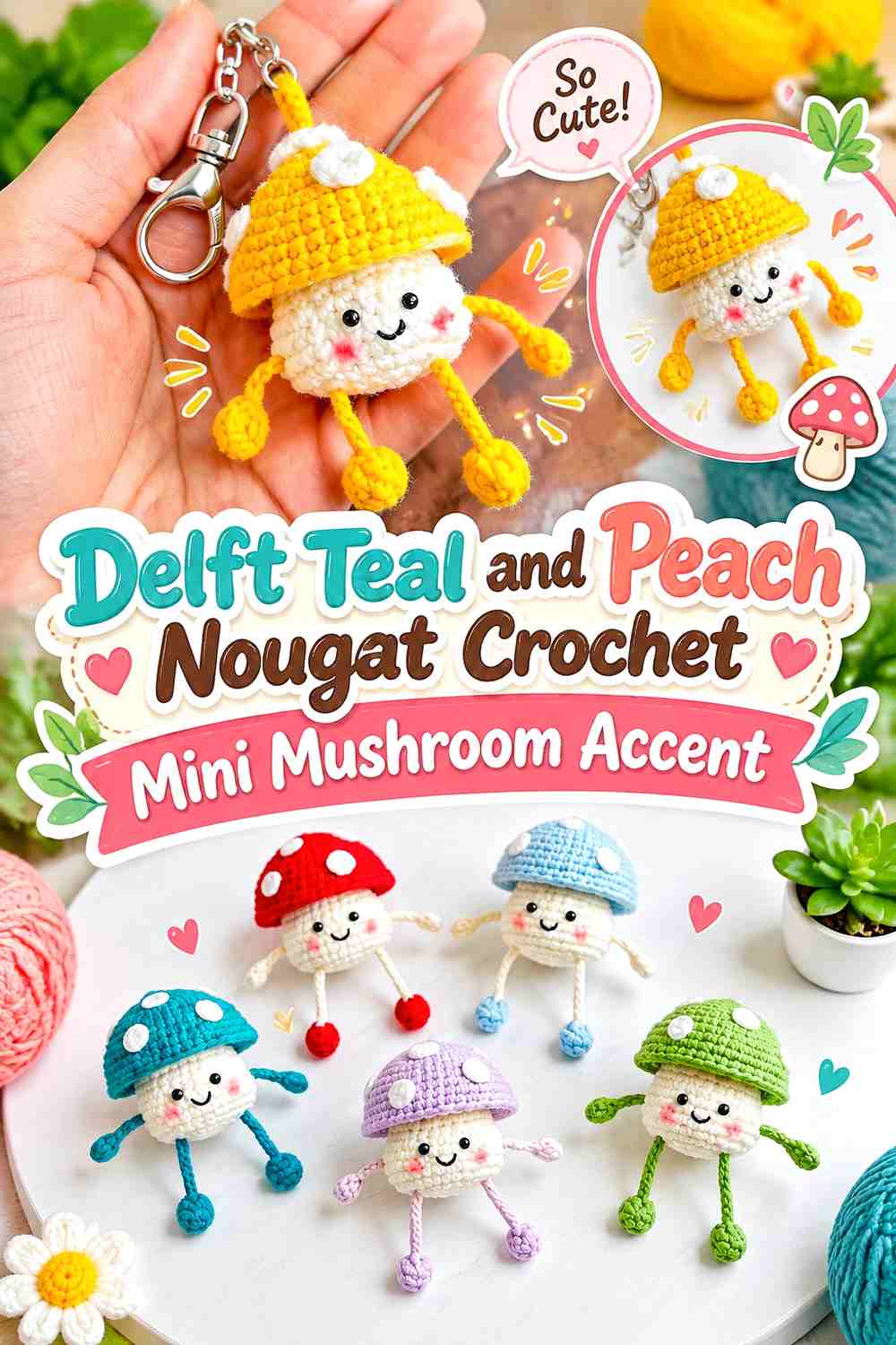 Delft Teal and Peach Nougat Crochet Mini Mushroom Accent